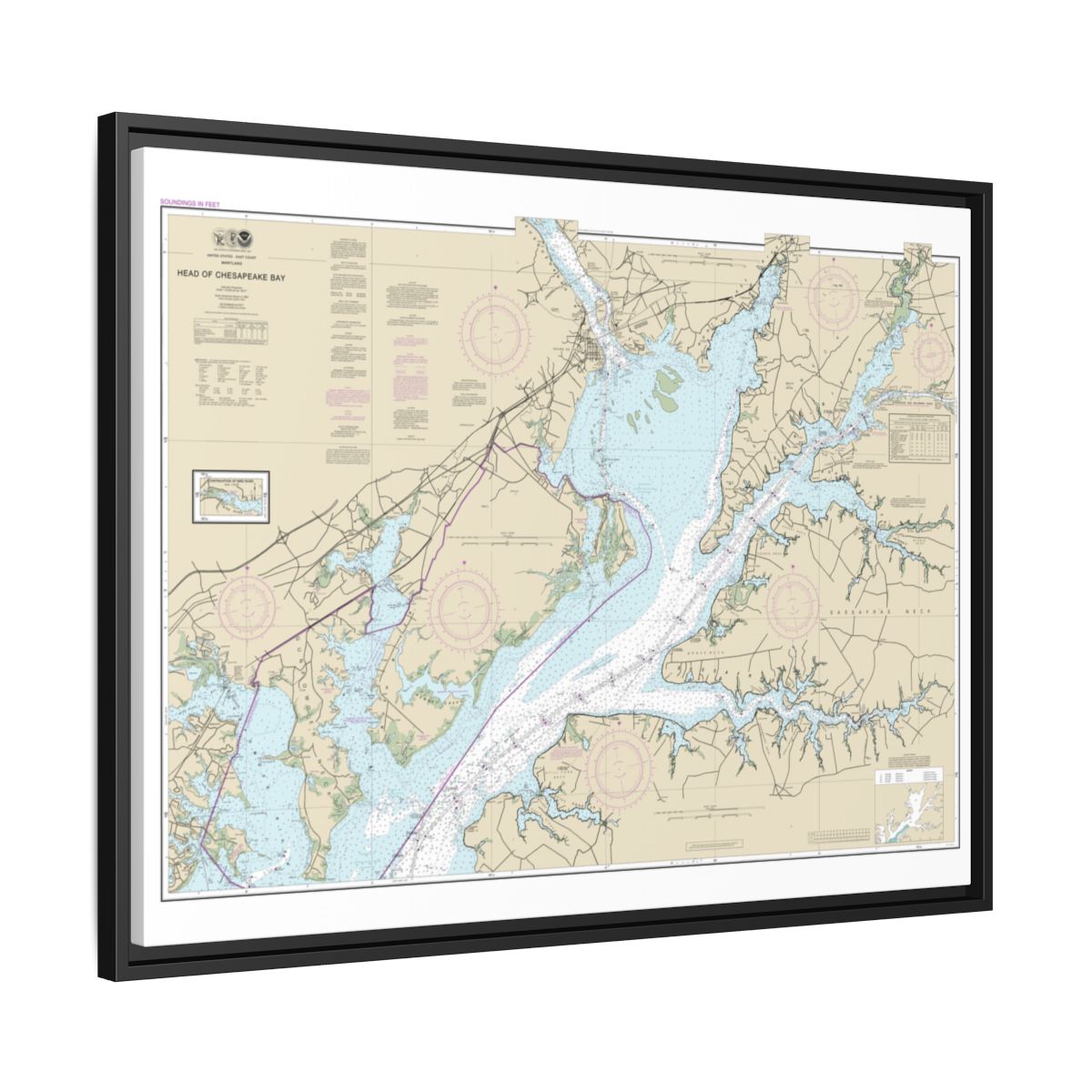 Chart 12274 Head of Chesapeake Bay - NOAA Nautical Chart Floating Frame Canvas | 32" x 24" | 40" x 30" - Black side