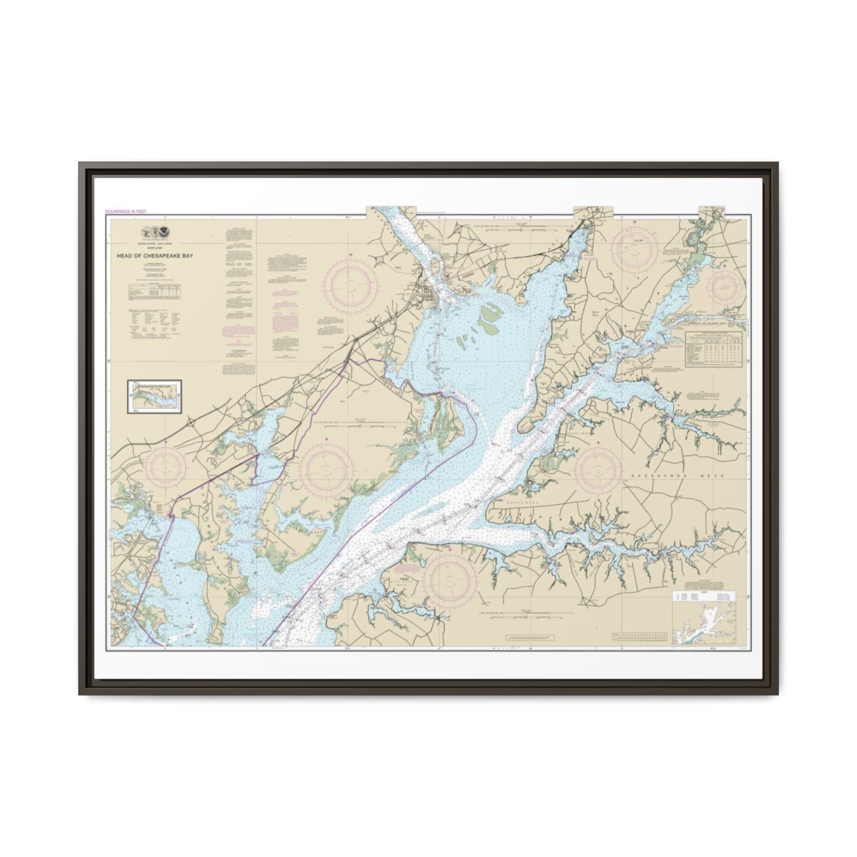 Chart 12274 Head of Chesapeake Bay - NOAA Nautical Chart Floating Frame Canvas | 32" x 24" | 40" x 30" - Espresso front