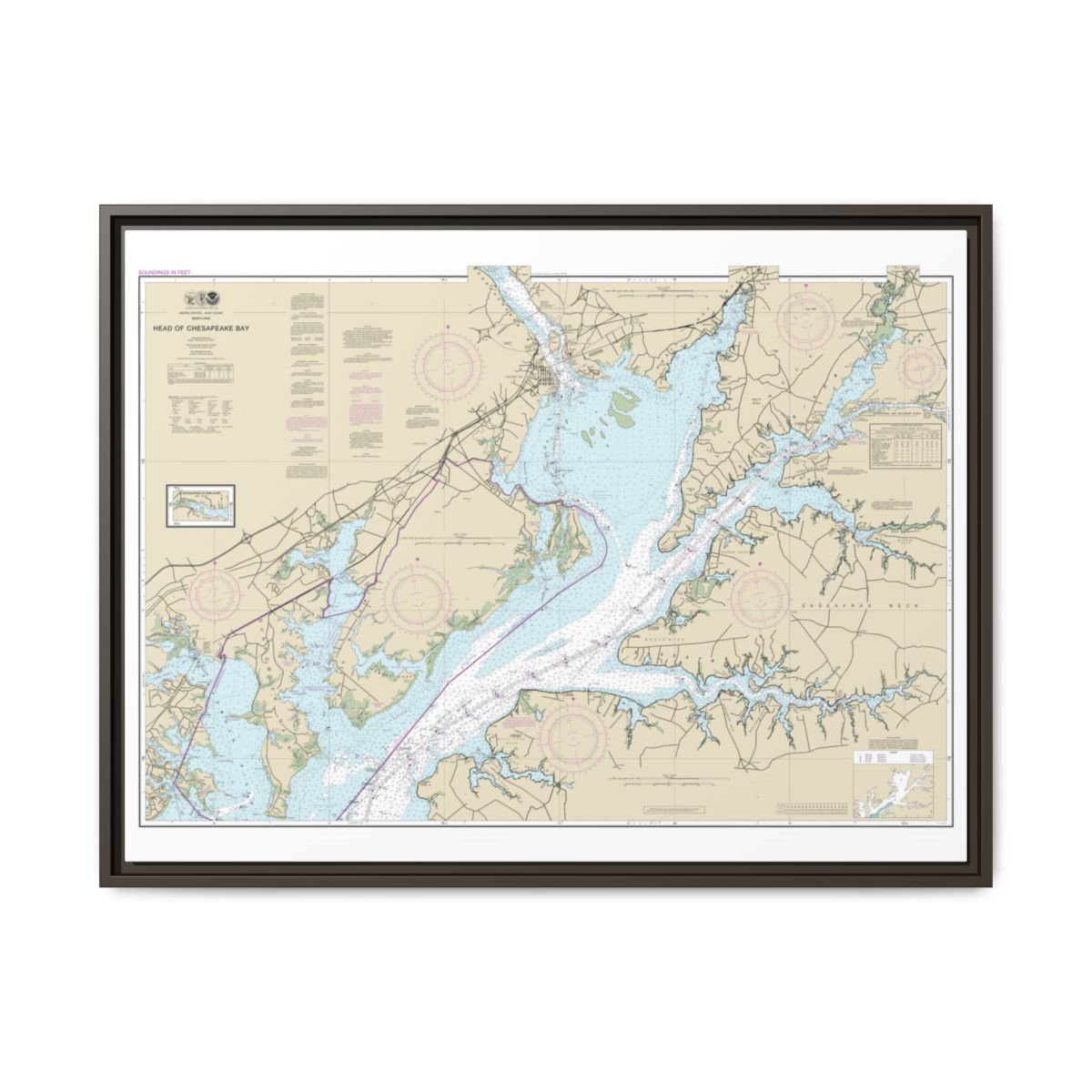 Chart 12274 Head of Chesapeake Bay - NOAA Nautical Chart Floating Frame Canvas | 32" x 24" | 40" x 30" - Espresso front