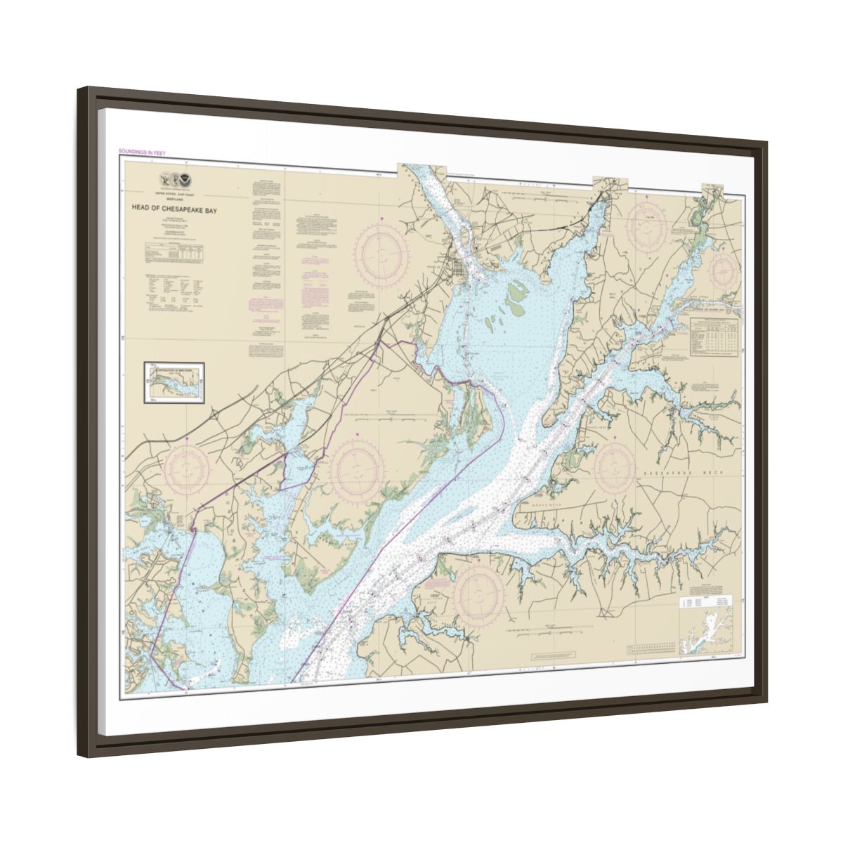 Chart 12274 Head of Chesapeake Bay - NOAA Nautical Chart Floating Frame Canvas | 32" x 24" | 40" x 30" - Espresso side