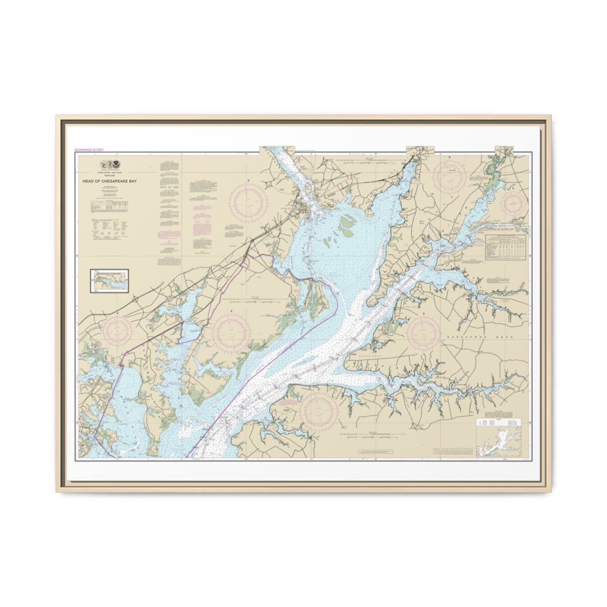 Chart 12274 Head of Chesapeake Bay - NOAA Nautical Chart Floating Frame Canvas | 32" x 24" | 40" x 30" - Natural front
