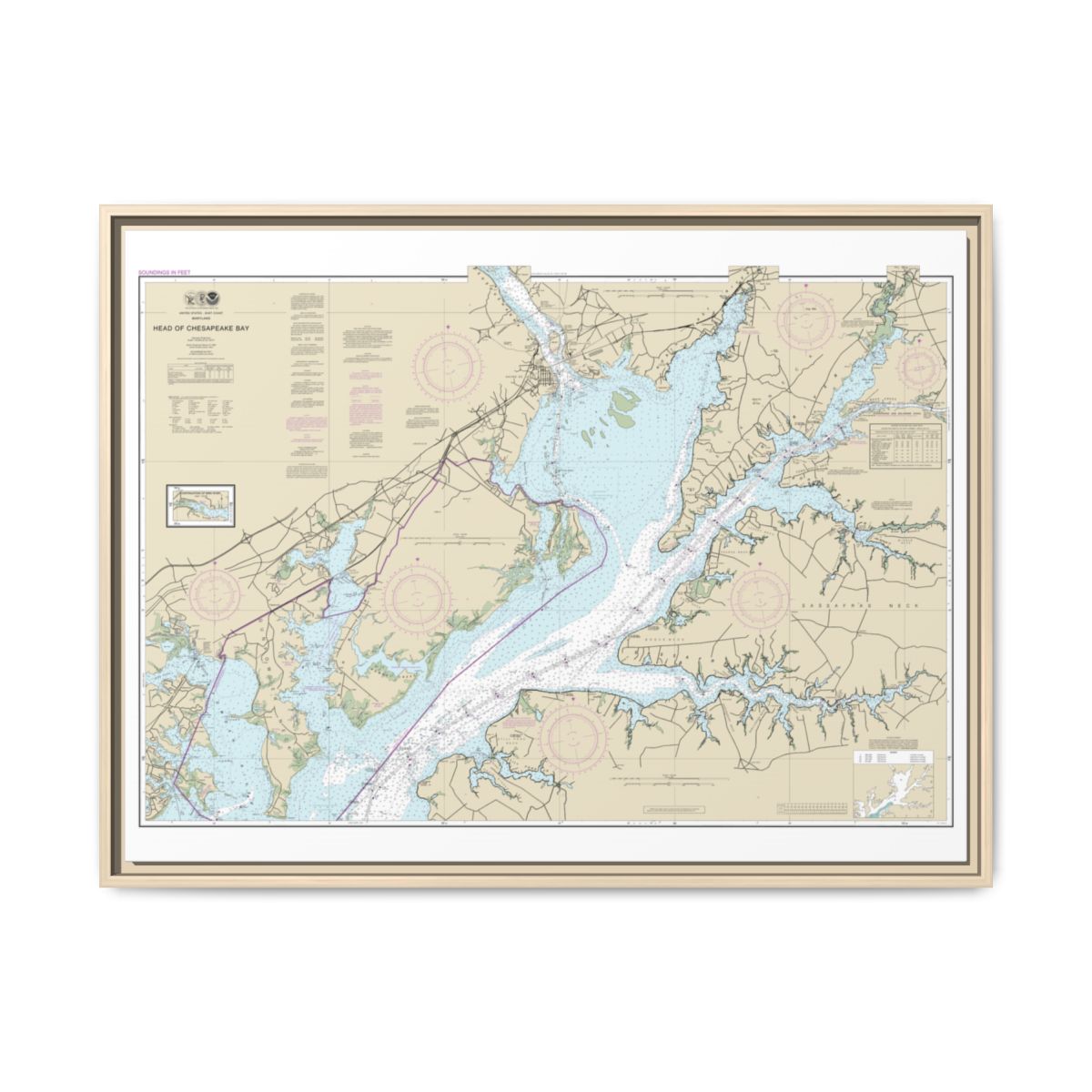 Chart 12274 Head of Chesapeake Bay - NOAA Nautical Chart Floating Frame Canvas | 32" x 24" | 40" x 30" - Natural front