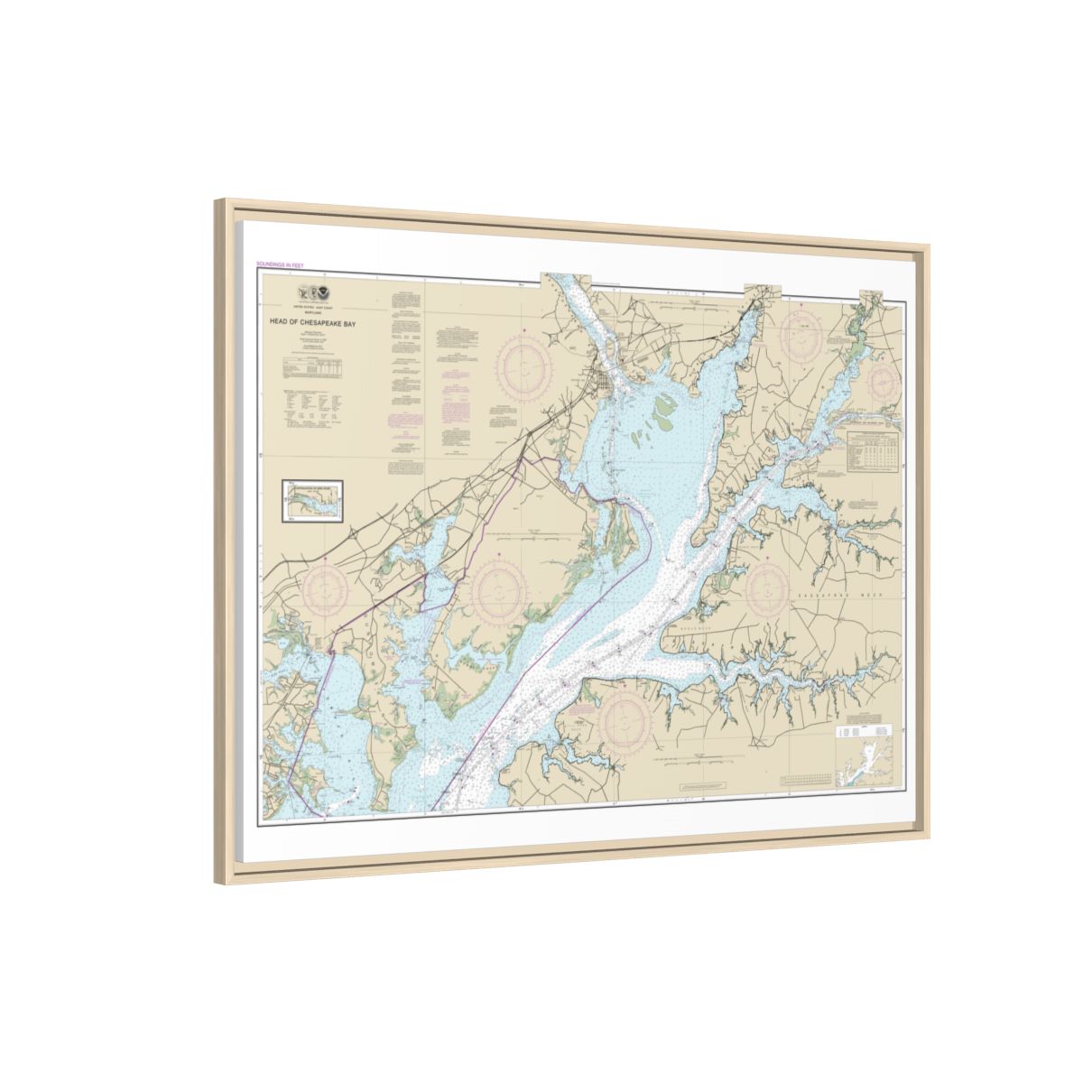 Chart 12274 Head of Chesapeake Bay - NOAA Nautical Chart Floating Frame Canvas | 32" x 24" | 40" x 30" - Natural side