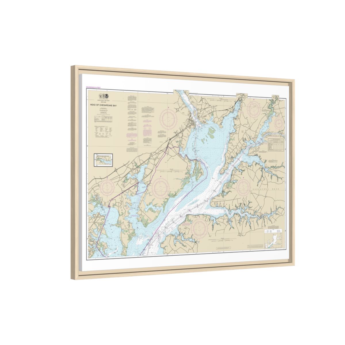 Chart 12274 Head of Chesapeake Bay - NOAA Nautical Chart Floating Frame Canvas | 32" x 24" | 40" x 30" - Natural side