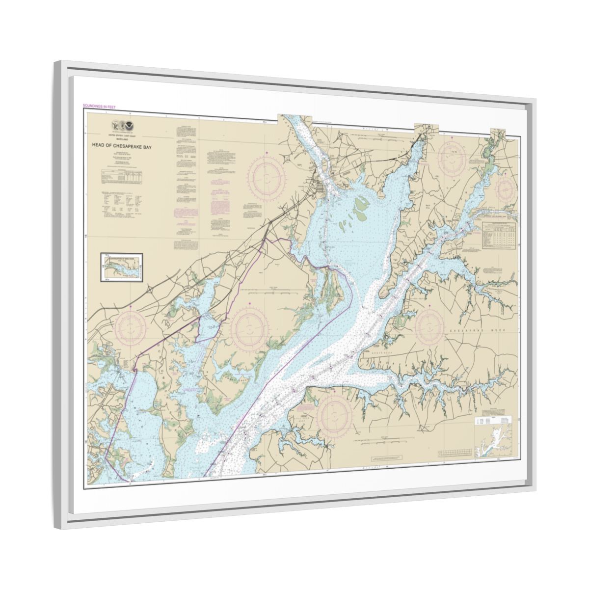 Chart 12274 Head of Chesapeake Bay - NOAA Nautical Chart Floating Frame Canvas | 32" x 24" | 40" x 30" - White side