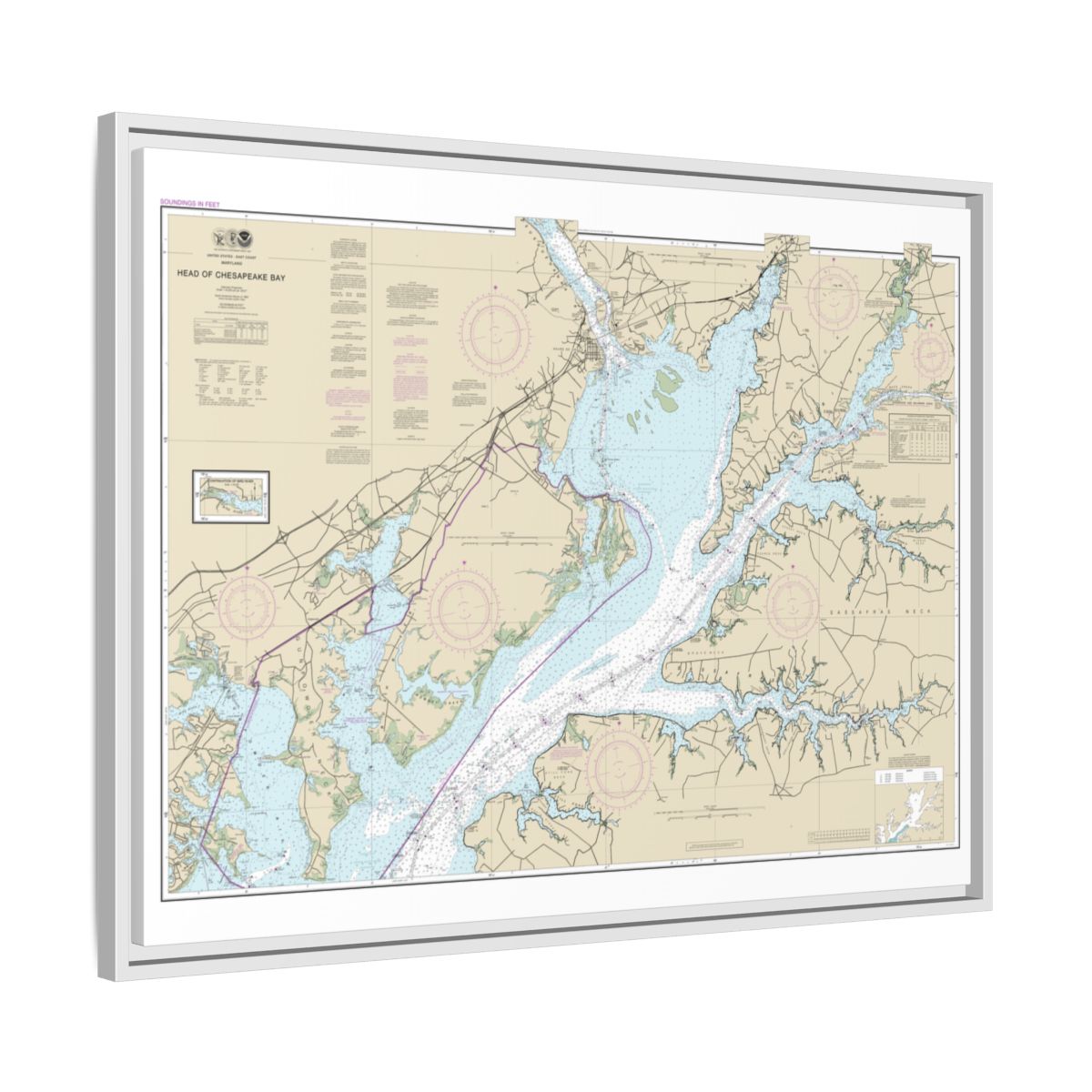 Chart 12274 Head of Chesapeake Bay - NOAA Nautical Chart Floating Frame Canvas | 32" x 24" | 40" x 30" - White side