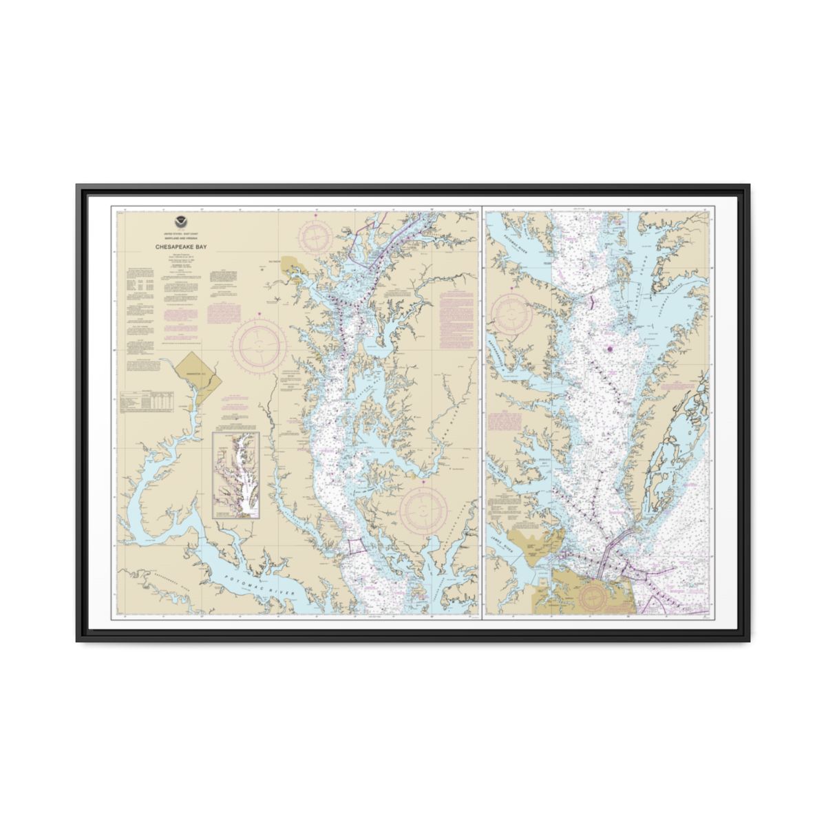 Chart 12280 Chesapeake Bay - NOAA Nautical Chart Floating Frame Canvas | 30" x 20" | 36" x 24" | 48" x 32" - Black front