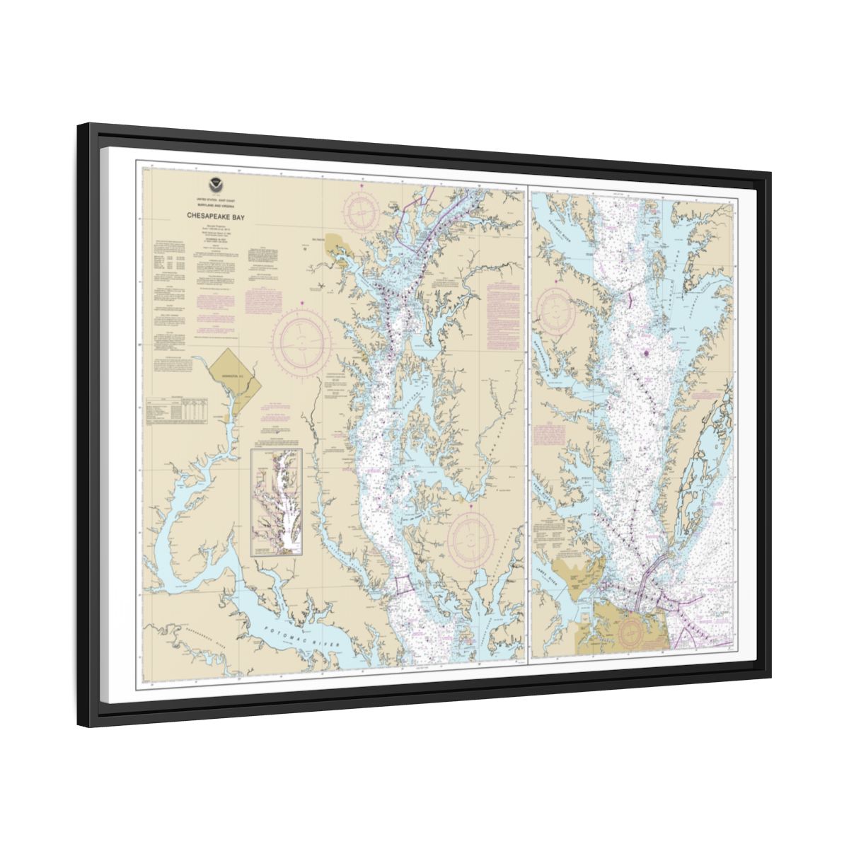 Chart 12280 Chesapeake Bay - NOAA Nautical Chart Floating Frame Canvas | 30" x 20" | 36" x 24" | 48" x 32" - Black side