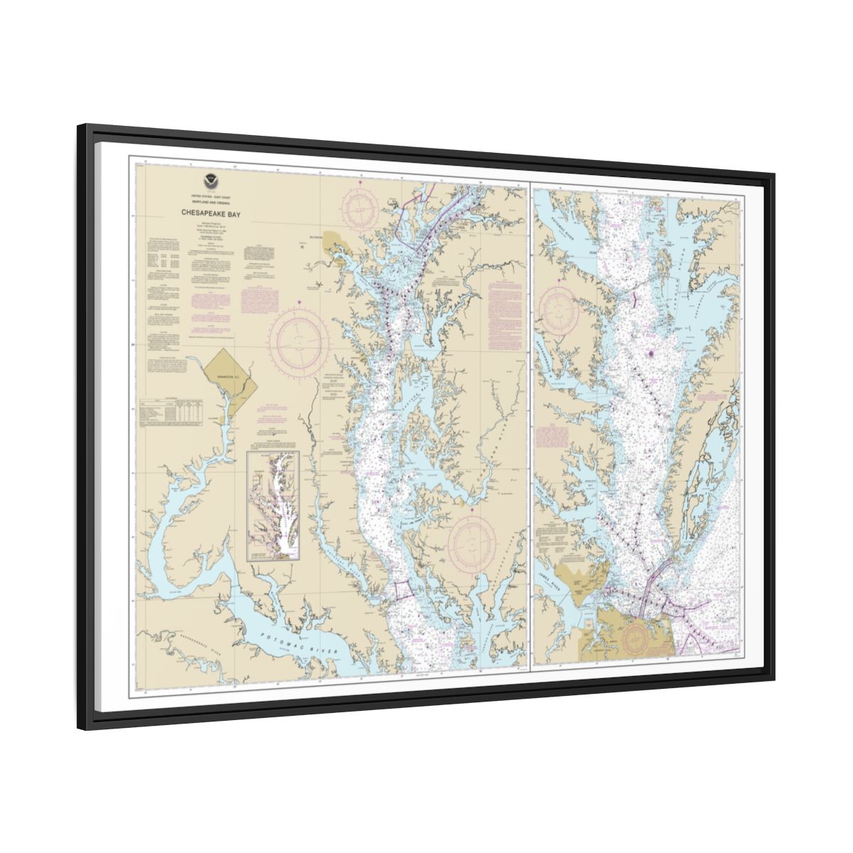 Chart 12280 Chesapeake Bay - NOAA Nautical Chart Floating Frame Canvas | 30" x 20" | 36" x 24" | 48" x 32" - Black side