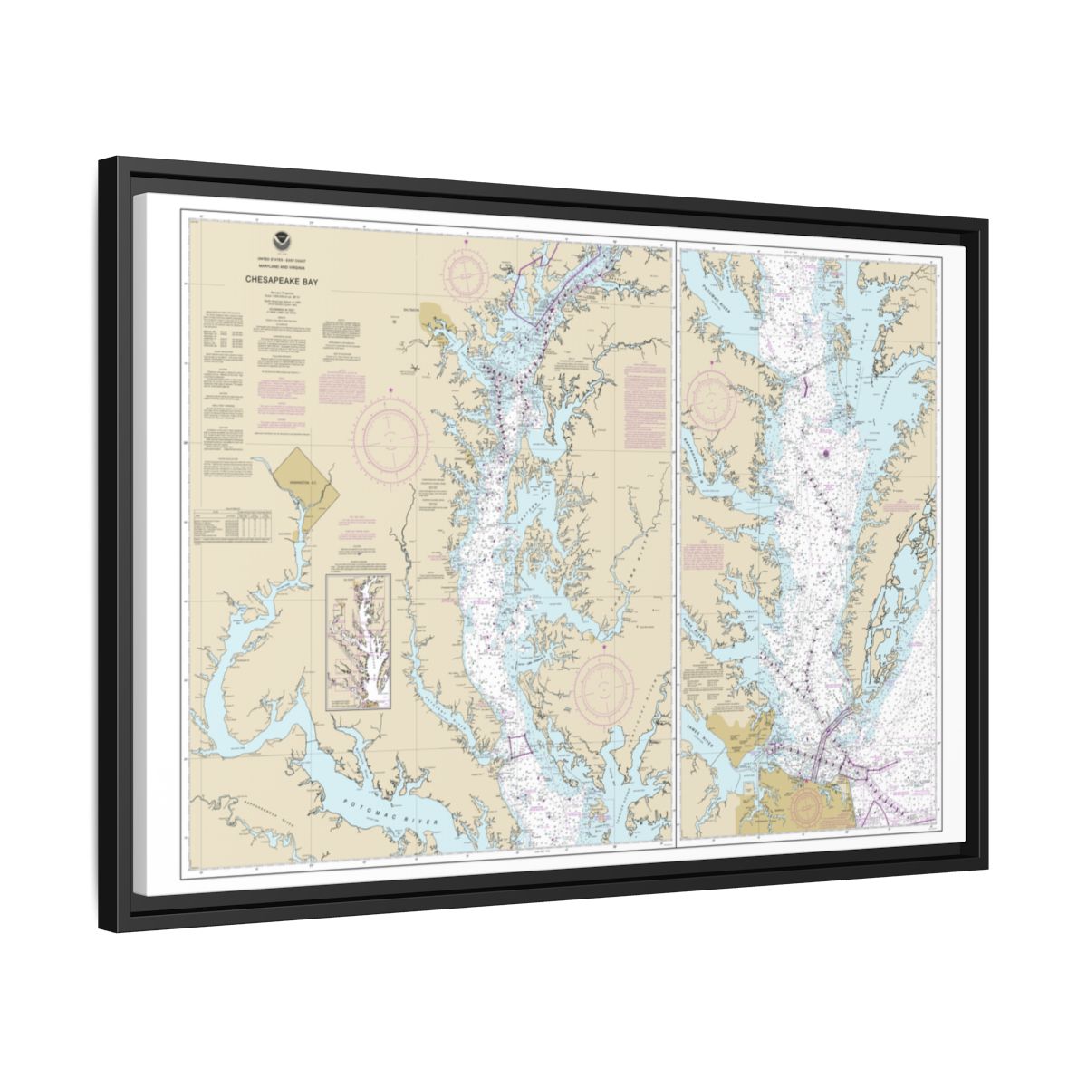 Chart 12280 Chesapeake Bay - NOAA Nautical Chart Floating Frame Canvas | 30" x 20" | 36" x 24" | 48" x 32" - Black side