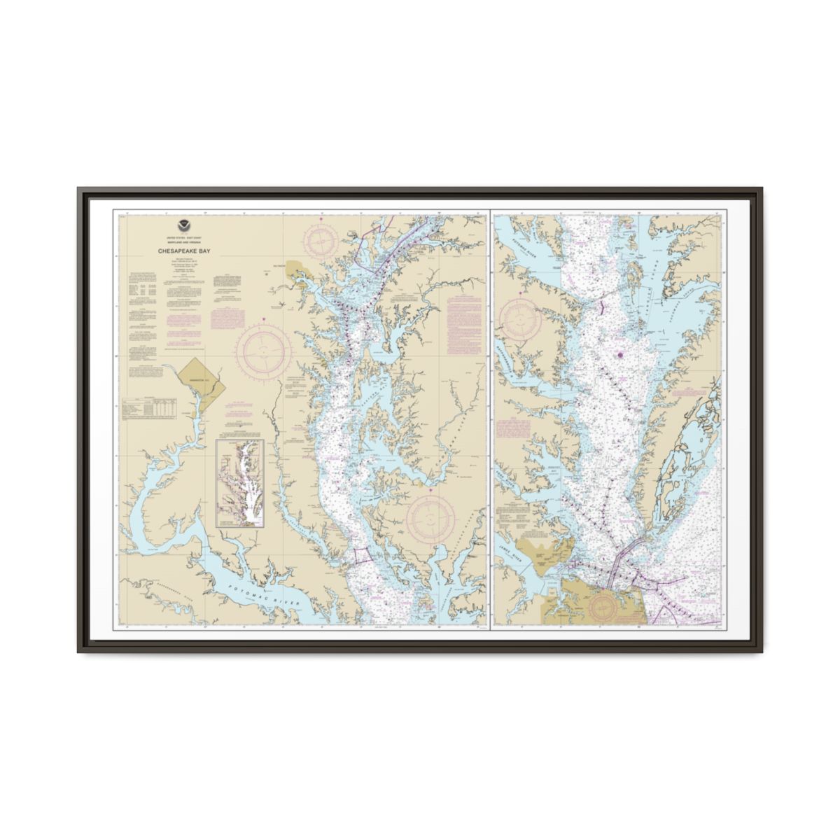 Chart 12280 Chesapeake Bay - NOAA Nautical Chart Floating Frame Canvas | 30" x 20" | 36" x 24" | 48" x 32" - Espresso front