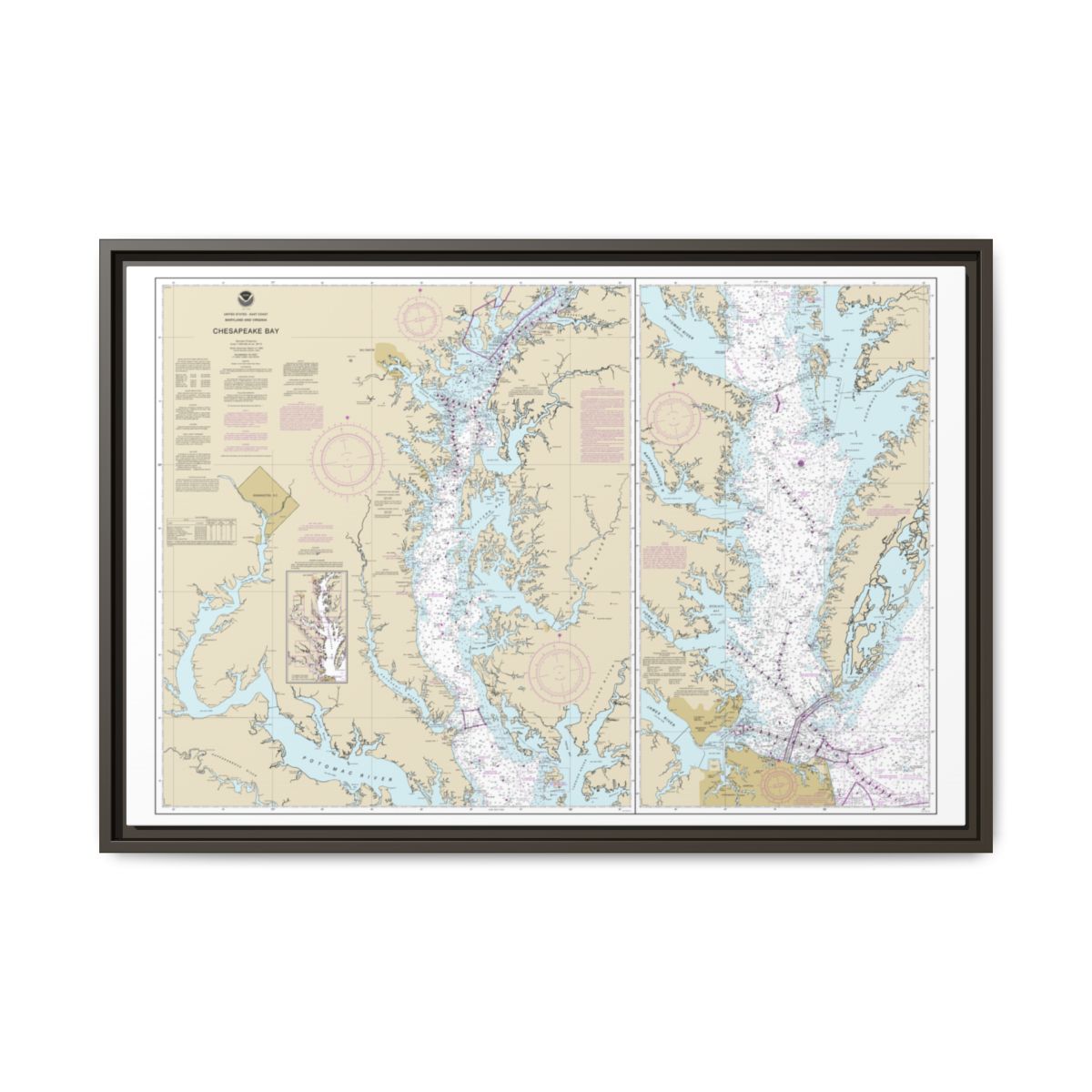 Chart 12280 Chesapeake Bay - NOAA Nautical Chart Floating Frame Canvas | 30" x 20" | 36" x 24" | 48" x 32" - Espresso front