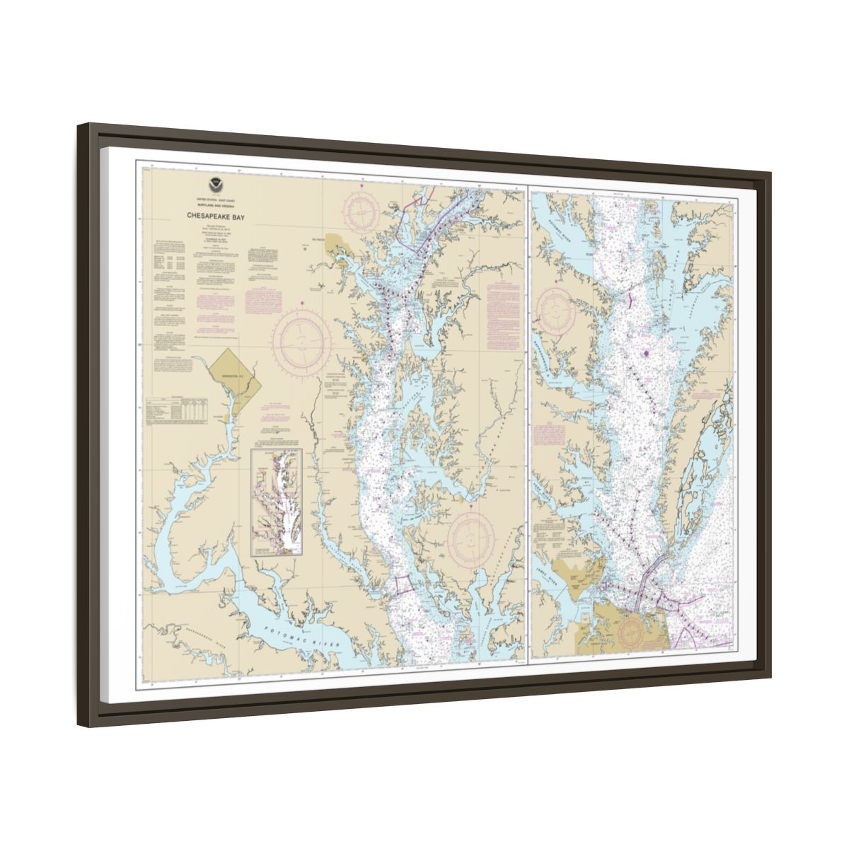 Chart 12280 Chesapeake Bay - NOAA Nautical Chart Floating Frame Canvas | 30" x 20" | 36" x 24" | 48" x 32" - Espresso side