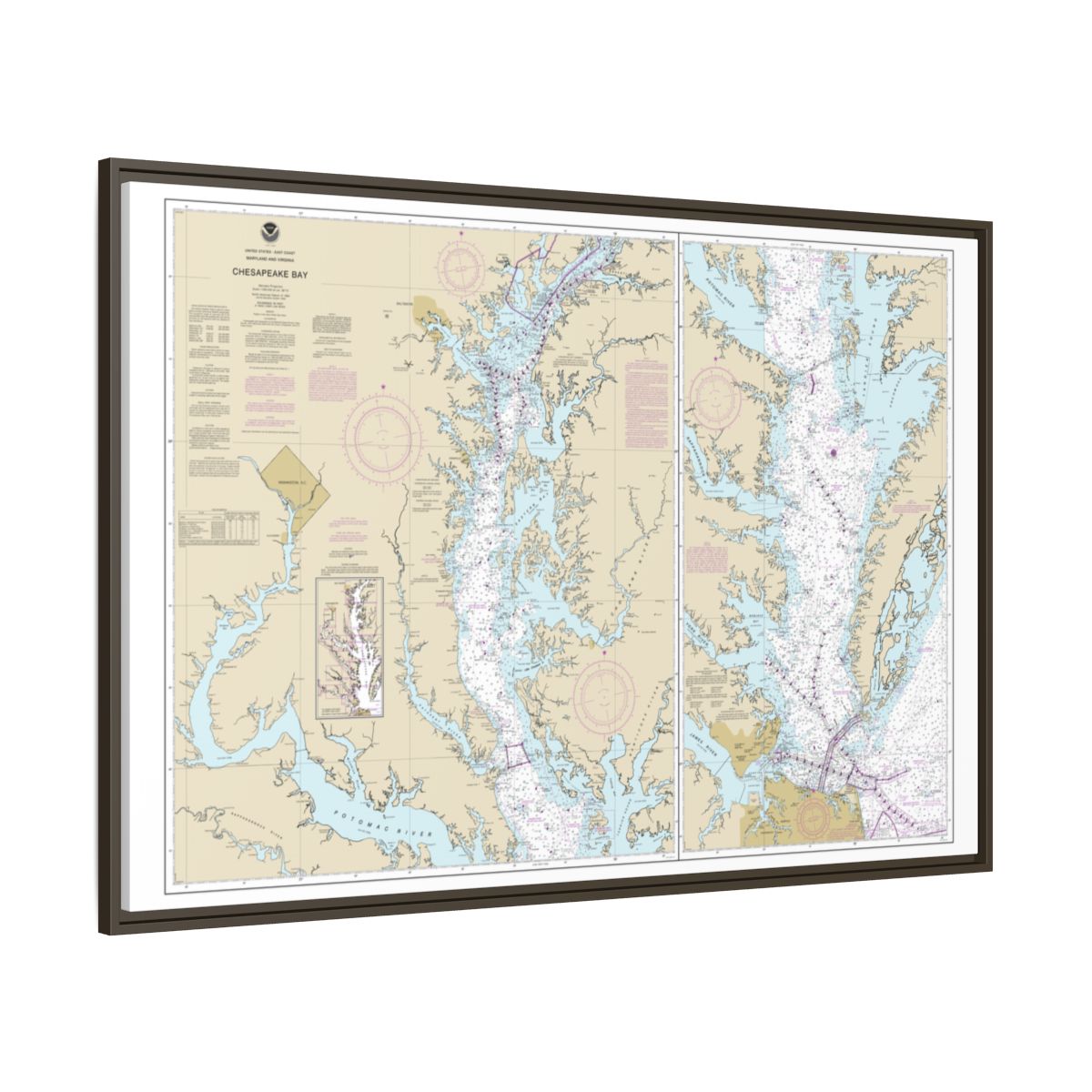 Chart 12280 Chesapeake Bay - NOAA Nautical Chart Floating Frame Canvas | 30" x 20" | 36" x 24" | 48" x 32" - Espresso side