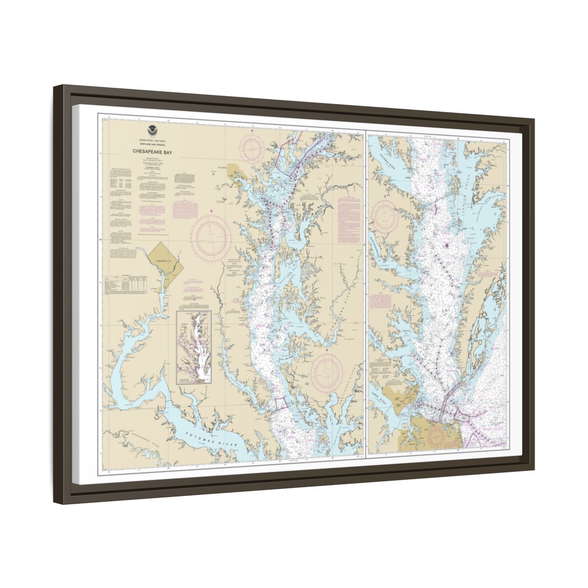 Chart 12280 Chesapeake Bay - NOAA Nautical Chart Floating Frame Canvas | 30" x 20" | 36" x 24" | 48" x 32" - Espresso side