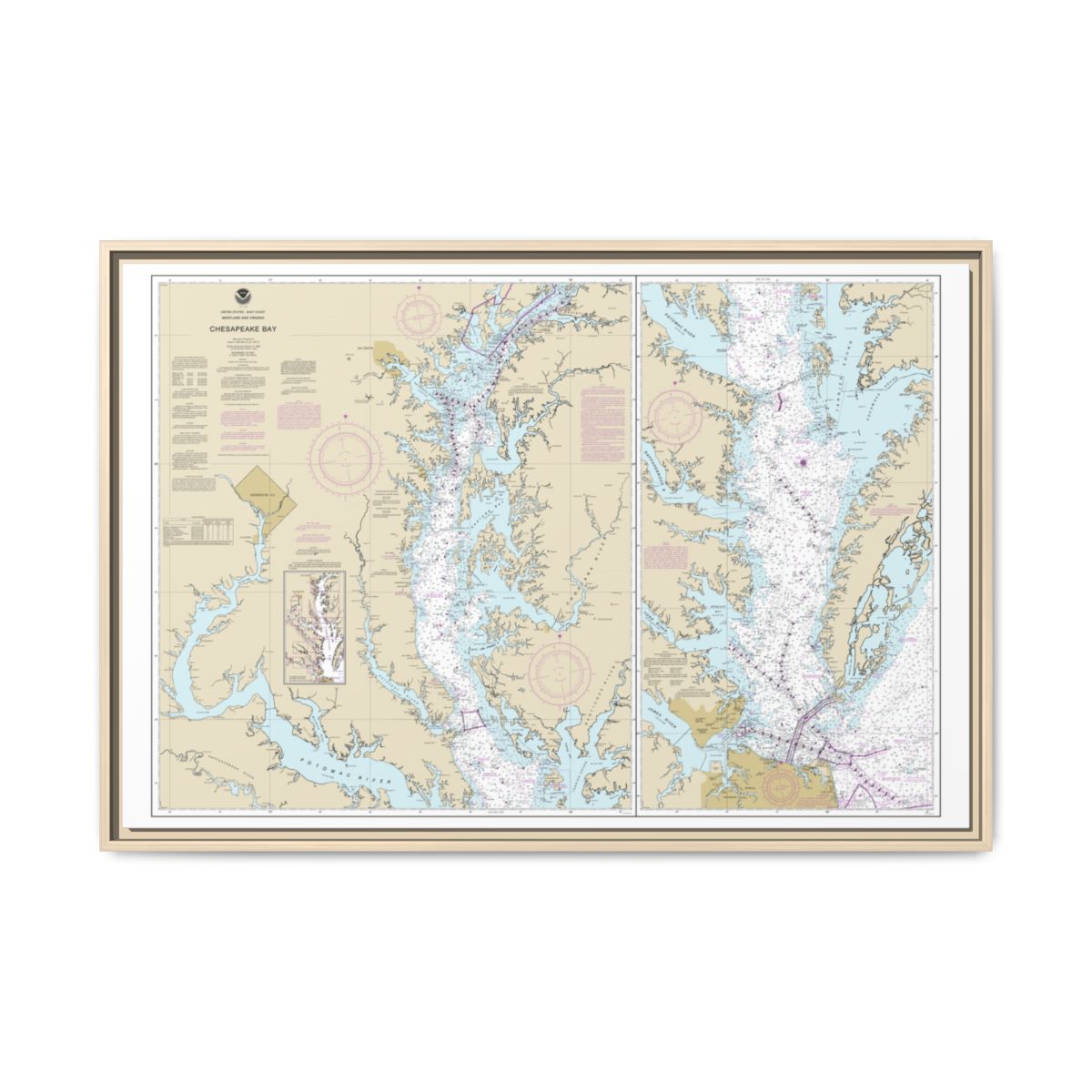 Chart 12280 Chesapeake Bay - NOAA Nautical Chart Floating Frame Canvas | 30" x 20" | 36" x 24" | 48" x 32" - Natural front