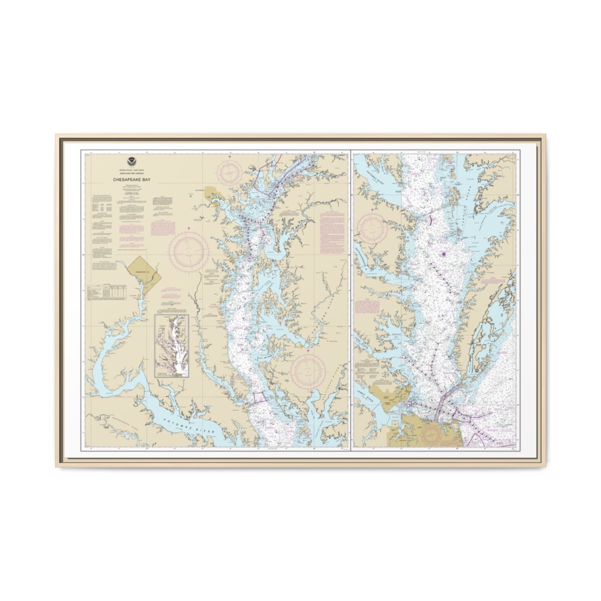 Chart 12280 Chesapeake Bay - NOAA Nautical Chart Floating Frame Canvas | 30" x 20" | 36" x 24" | 48" x 32" - Natural front