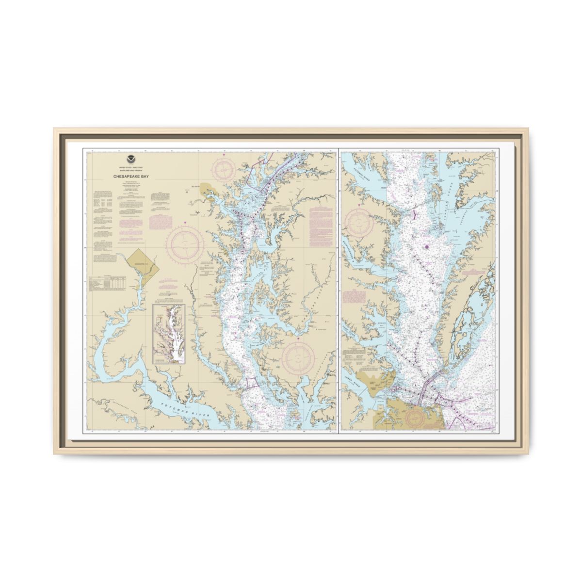 Chart 12280 Chesapeake Bay - NOAA Nautical Chart Floating Frame Canvas | 30" x 20" | 36" x 24" | 48" x 32" - Natural front
