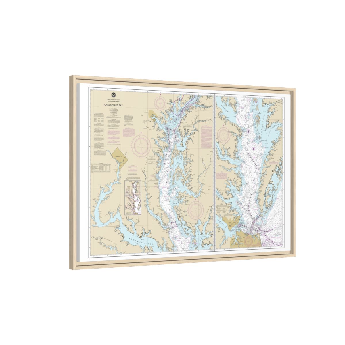 Chart 12280 Chesapeake Bay - NOAA Nautical Chart Floating Frame Canvas | 30" x 20" | 36" x 24" | 48" x 32" - Natural side
