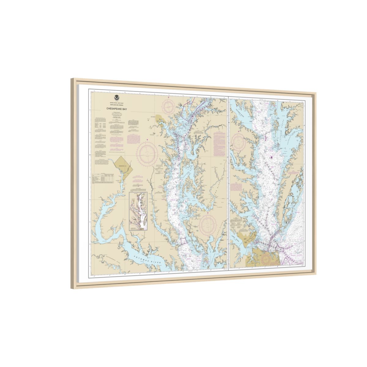 Chart 12280 Chesapeake Bay - NOAA Nautical Chart Floating Frame Canvas | 30" x 20" | 36" x 24" | 48" x 32" - Natural side
