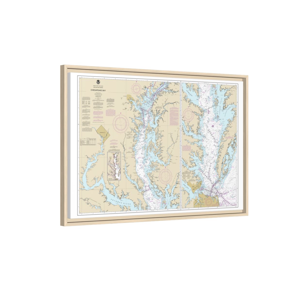 Chart 12280 Chesapeake Bay - NOAA Nautical Chart Floating Frame Canvas | 30" x 20" | 36" x 24" | 48" x 32" - Natural side