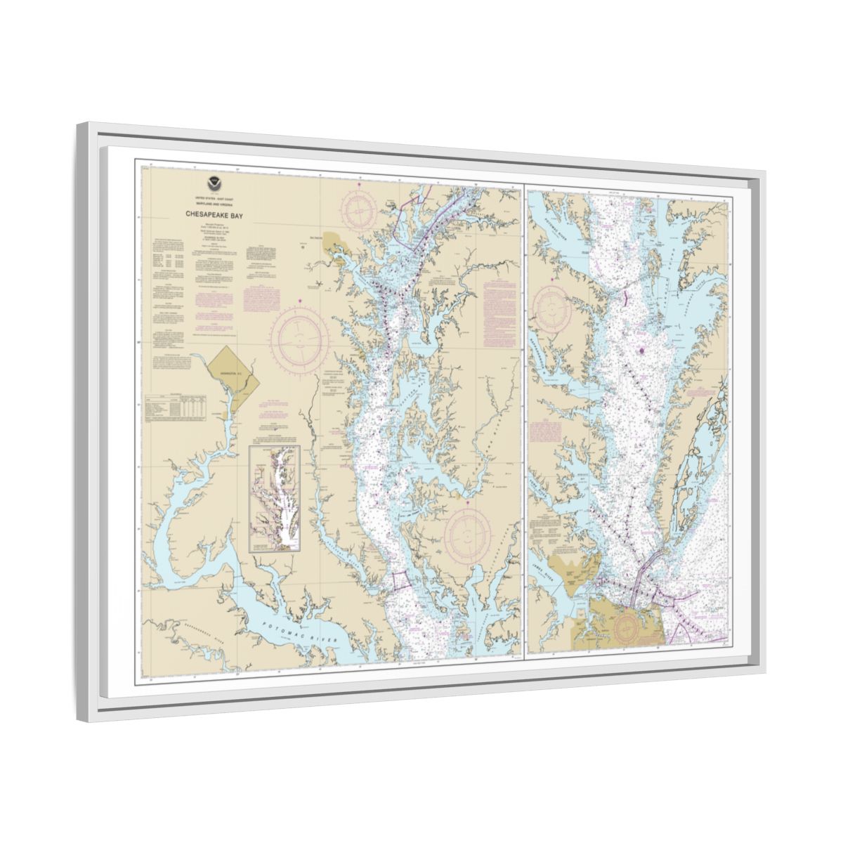 Chart 12280 Chesapeake Bay - NOAA Nautical Chart Floating Frame Canvas | 30" x 20" | 36" x 24" | 48" x 32" - White side
