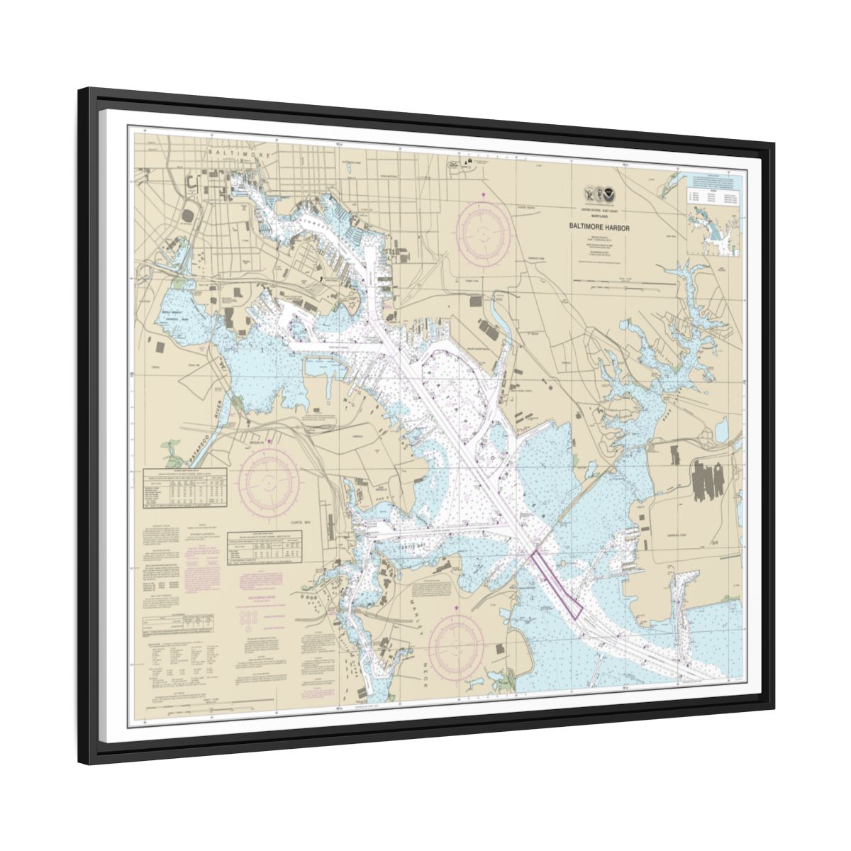 Chart 12281 Baltimore Harbor - NOAA Nautical Chart Floating Frame Canvas | 32" x 24" | 40" x 30" - Black side
