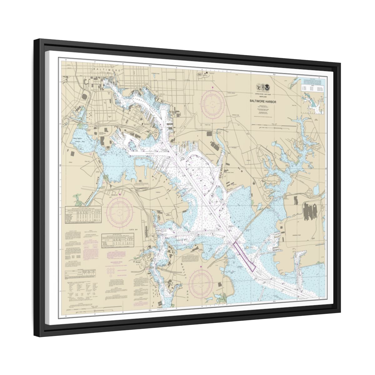 Chart 12281 Baltimore Harbor - NOAA Nautical Chart Floating Frame Canvas | 32" x 24" | 40" x 30" - Black side