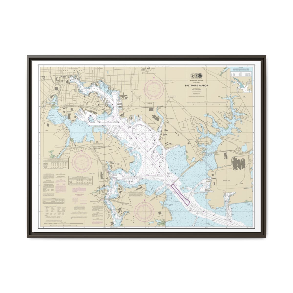 Chart 12281 Baltimore Harbor - NOAA Nautical Chart Floating Frame Canvas | 32" x 24" | 40" x 30" - Espresso front
