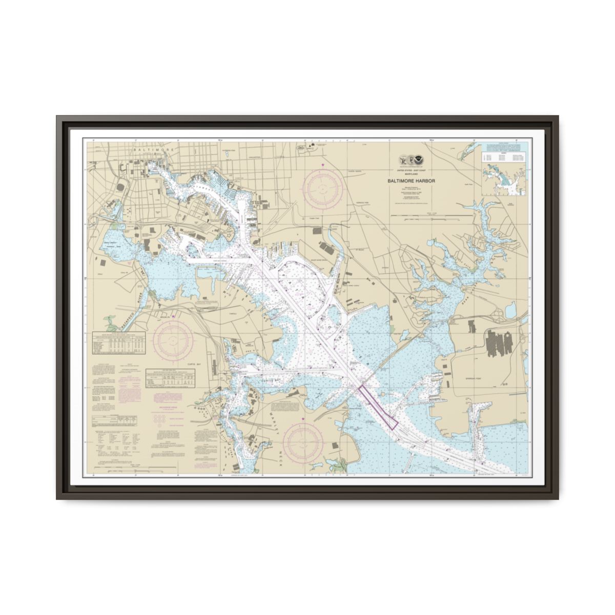 Chart 12281 Baltimore Harbor - NOAA Nautical Chart Floating Frame Canvas | 32" x 24" | 40" x 30" - Espresso front