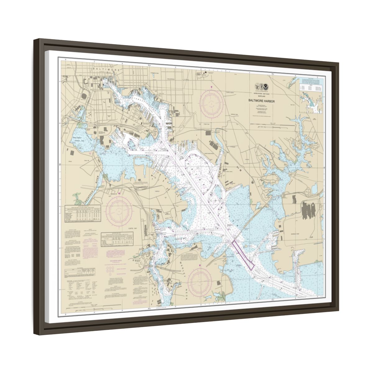 Chart 12281 Baltimore Harbor - NOAA Nautical Chart Floating Frame Canvas | 32" x 24" | 40" x 30" - Espresso side