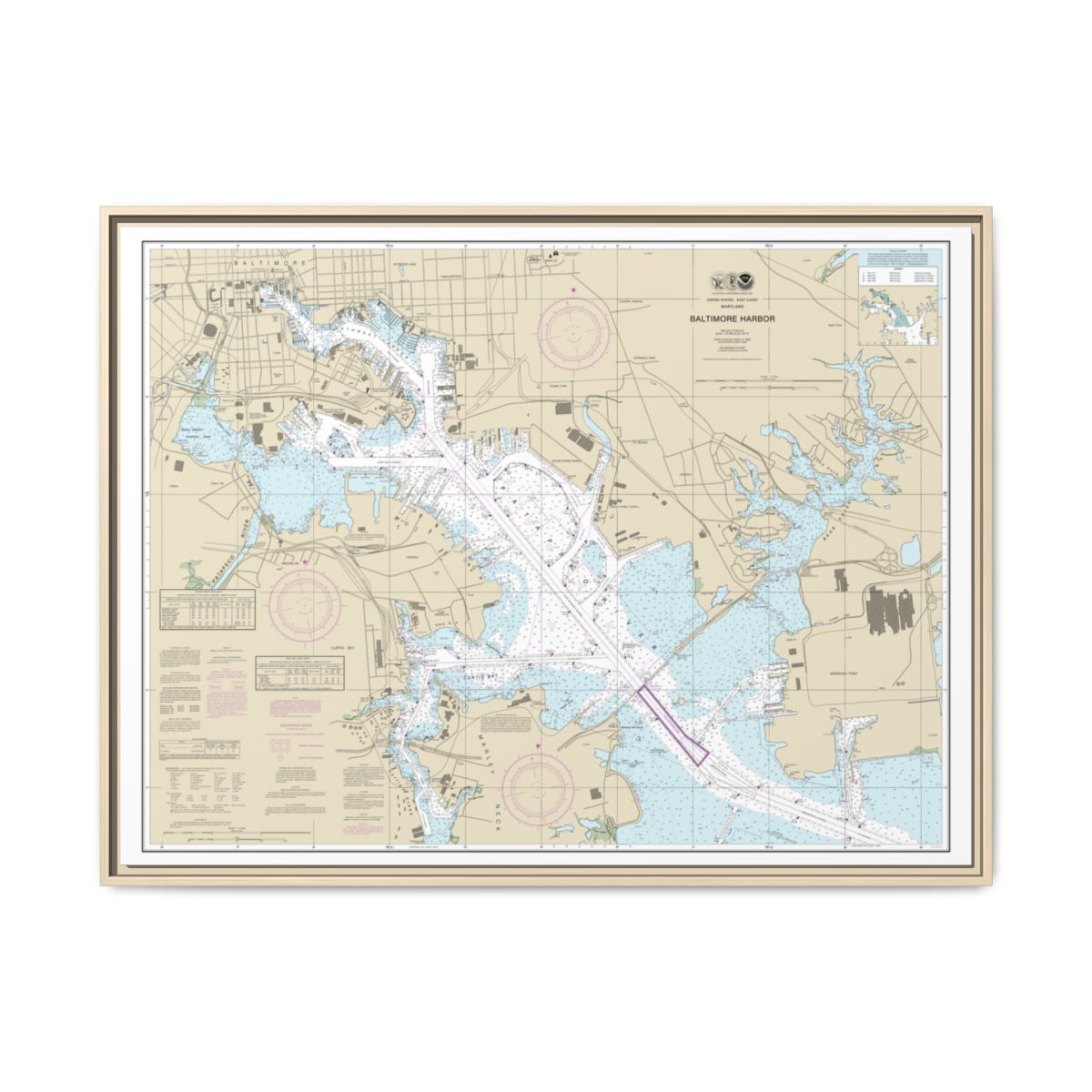 Chart 12281 Baltimore Harbor - NOAA Nautical Chart Floating Frame Canvas | 32" x 24" | 40" x 30" - Natural front
