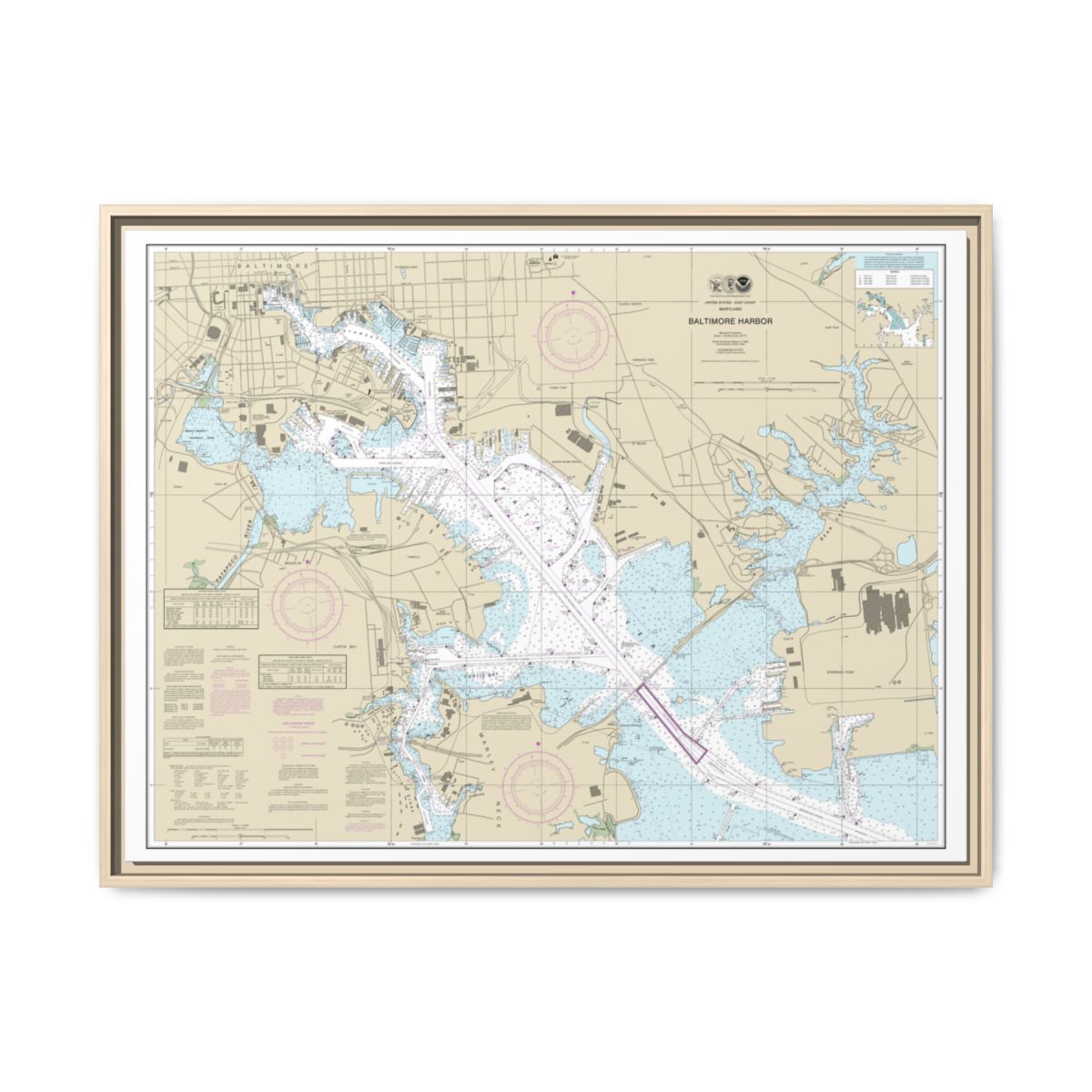 Chart 12281 Baltimore Harbor - NOAA Nautical Chart Floating Frame Canvas | 32" x 24" | 40" x 30" - Natural front