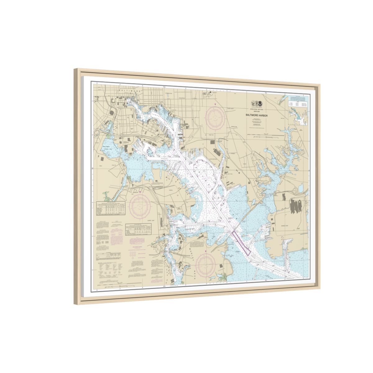 Chart 12281 Baltimore Harbor - NOAA Nautical Chart Floating Frame Canvas | 32" x 24" | 40" x 30" - Natural side