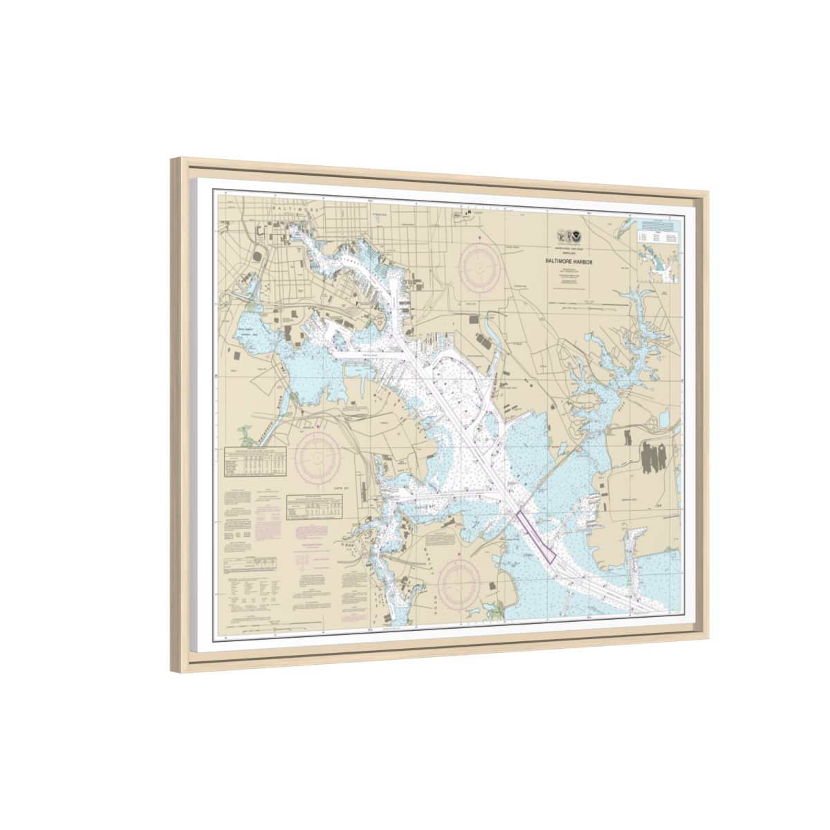 Chart 12281 Baltimore Harbor - NOAA Nautical Chart Floating Frame Canvas | 32" x 24" | 40" x 30" - Natural side