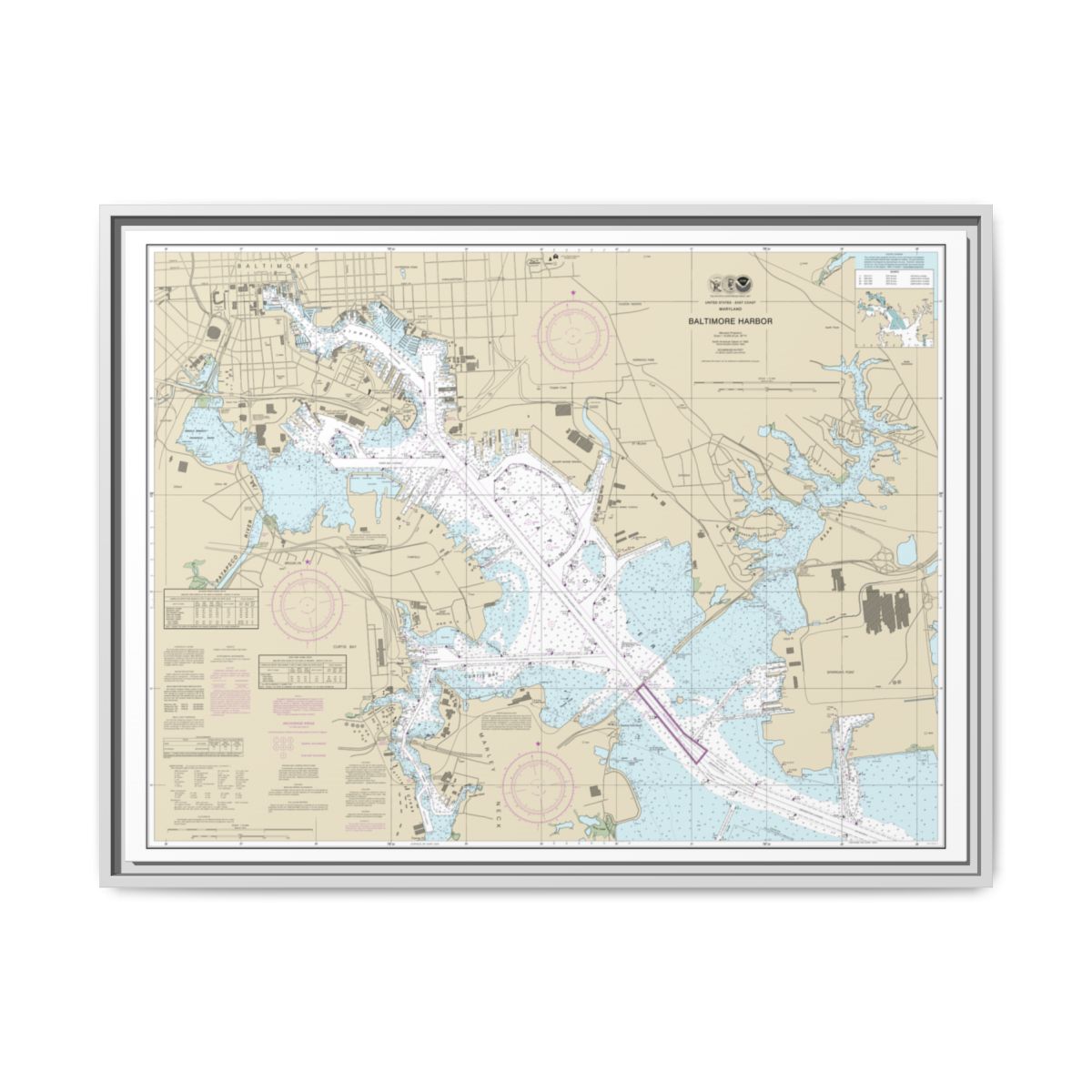 Chart 12281 Baltimore Harbor - NOAA Nautical Chart Floating Frame Canvas | 32" x 24" | 40" x 30" - White front