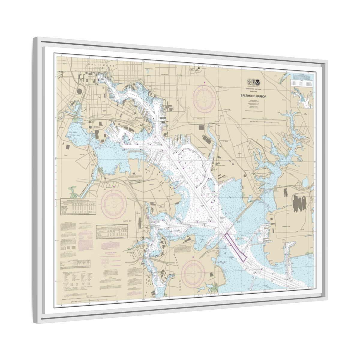 Chart 12281 Baltimore Harbor - NOAA Nautical Chart Floating Frame Canvas | 32" x 24" | 40" x 30" - White side