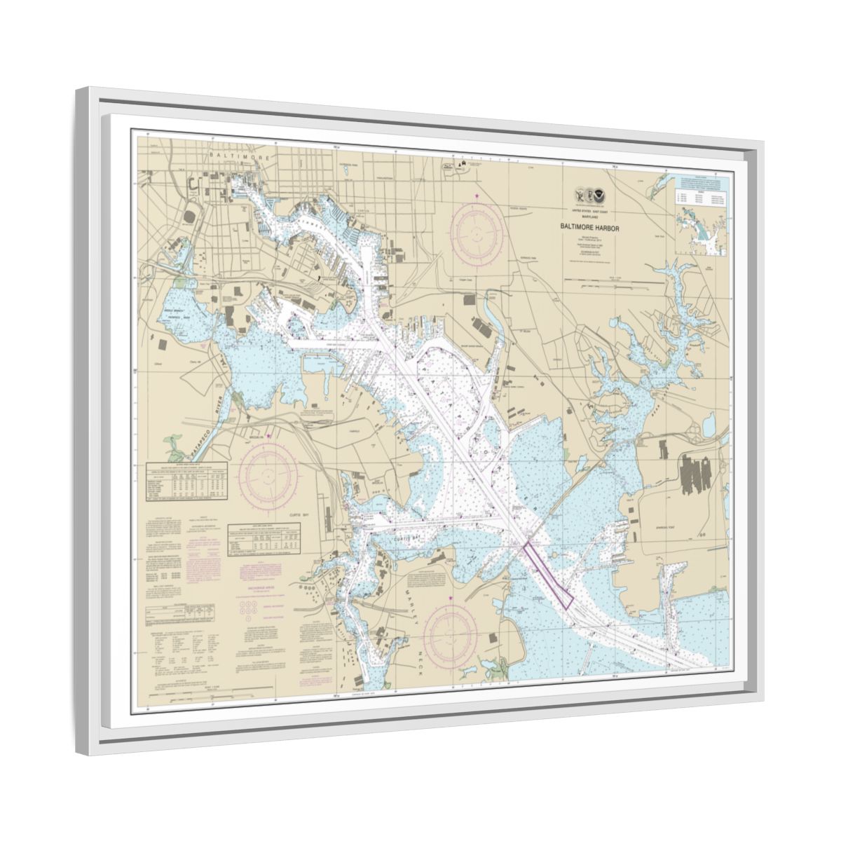 Chart 12281 Baltimore Harbor - NOAA Nautical Chart Floating Frame Canvas | 32" x 24" | 40" x 30" - White side