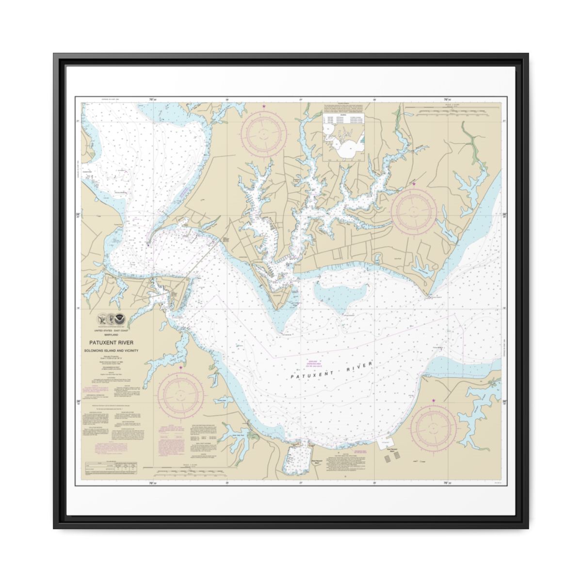 Chart 12284 Patuxent River Solomons lsland and Vicinity - NOAA Nautical Chart Floating Frame Canvas | 32" x 32" - Black front