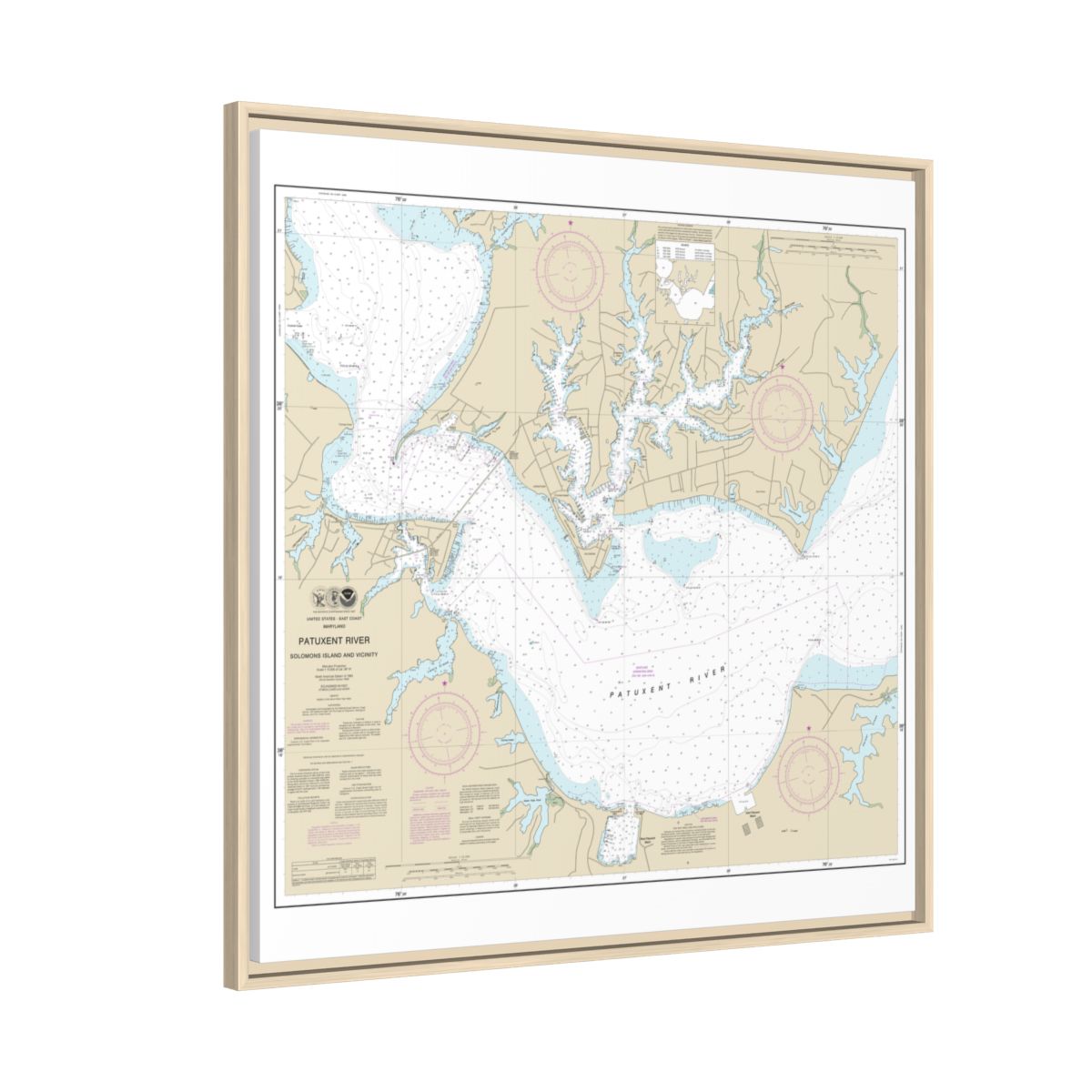 Chart 12284 Patuxent River Solomons lsland and Vicinity - NOAA Nautical Chart Floating Frame Canvas | 32" x 32" - Natural side