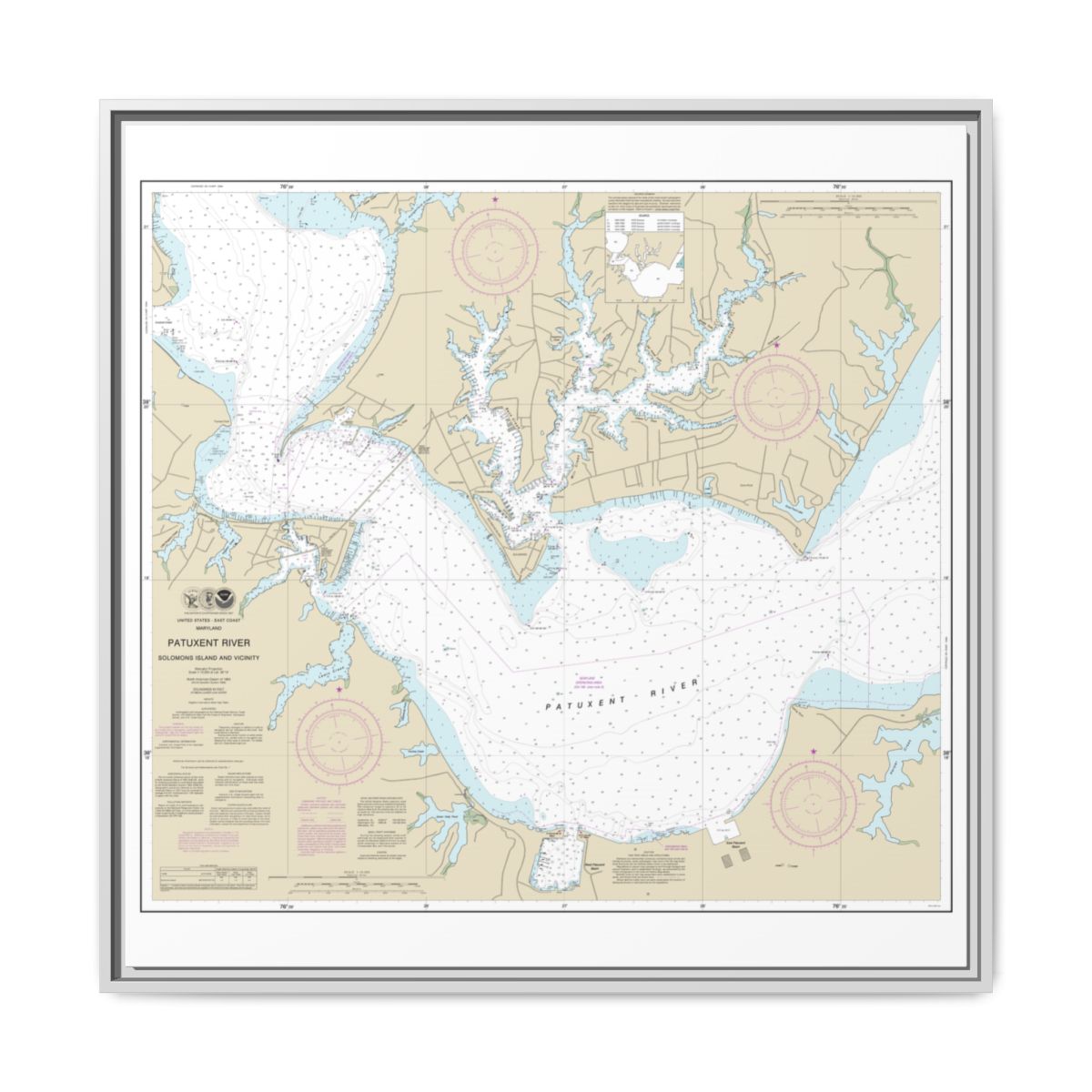 Chart 12284 Patuxent River Solomons lsland and Vicinity - NOAA Nautical Chart Floating Frame Canvas | 32" x 32" - White front