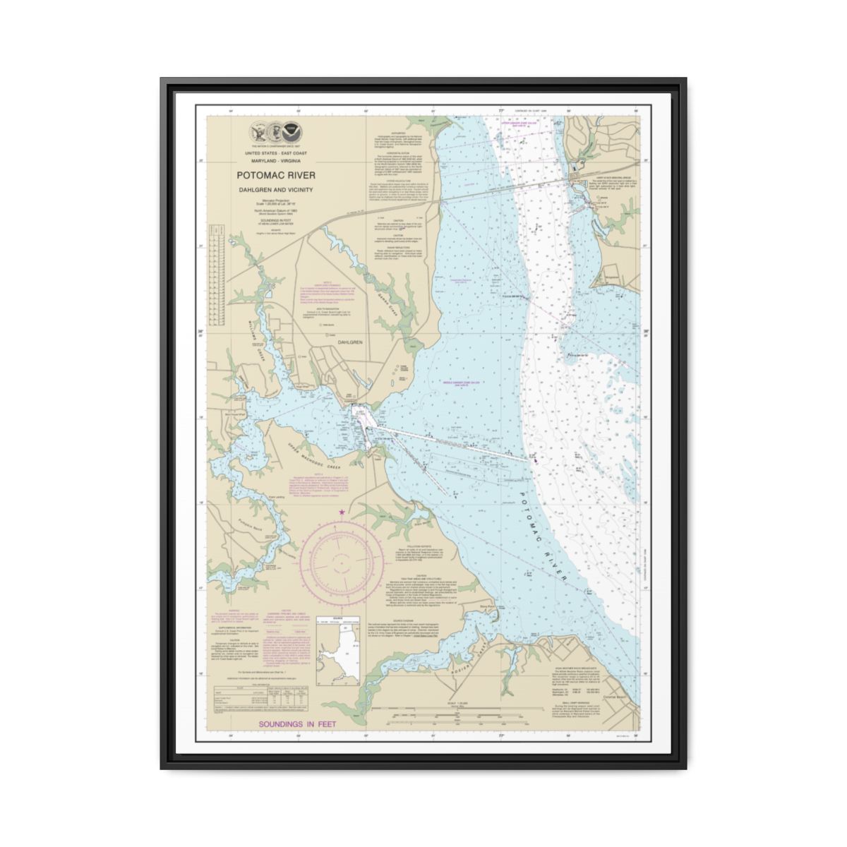 Chart 12287 Potomac River Dahlgren and Vicinity - NOAA Nautical Chart Floating Frame Canvas | 24" x 32" | 30" x 40" - Black front