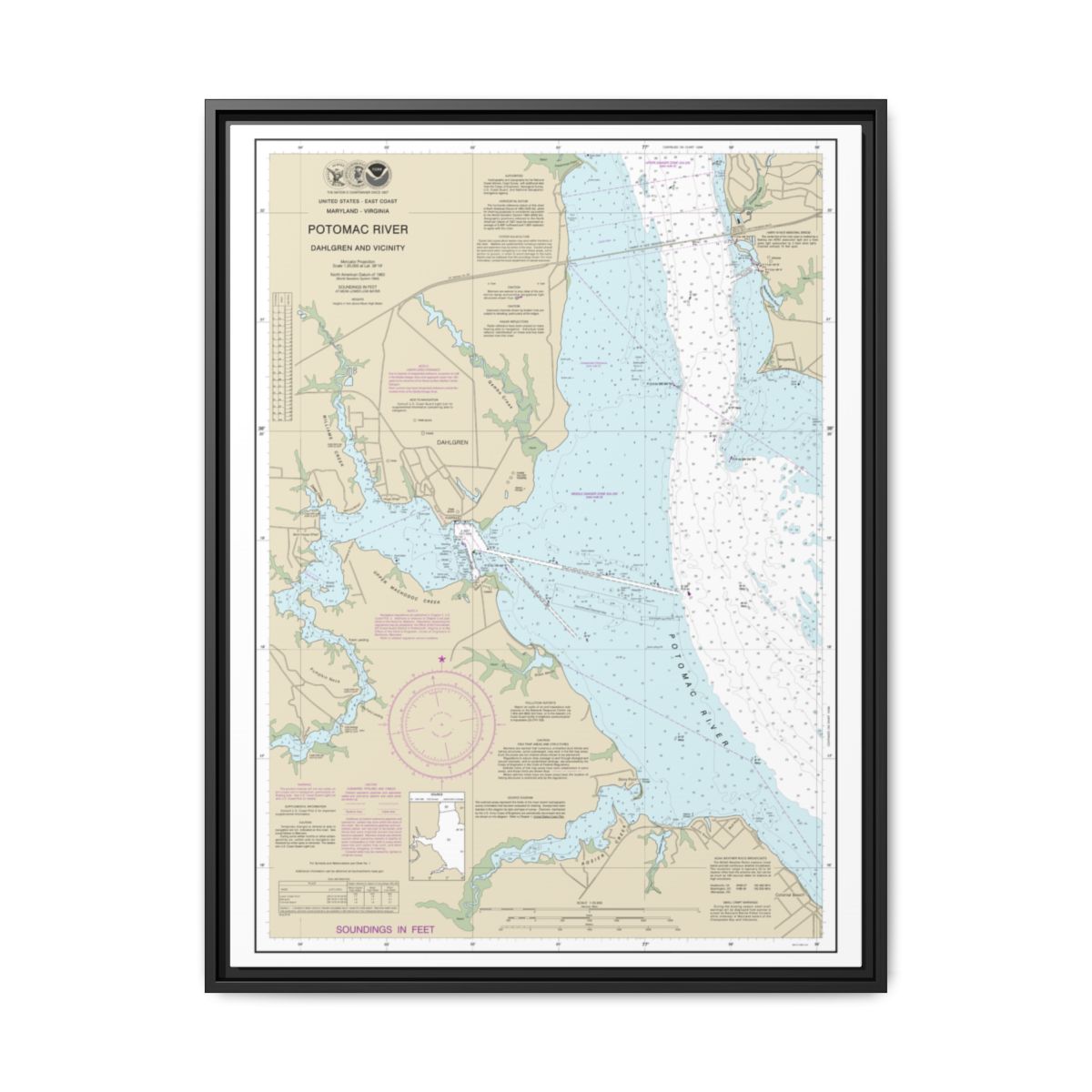 Chart 12287 Potomac River Dahlgren and Vicinity - NOAA Nautical Chart Floating Frame Canvas | 24" x 32" | 30" x 40" - Black front