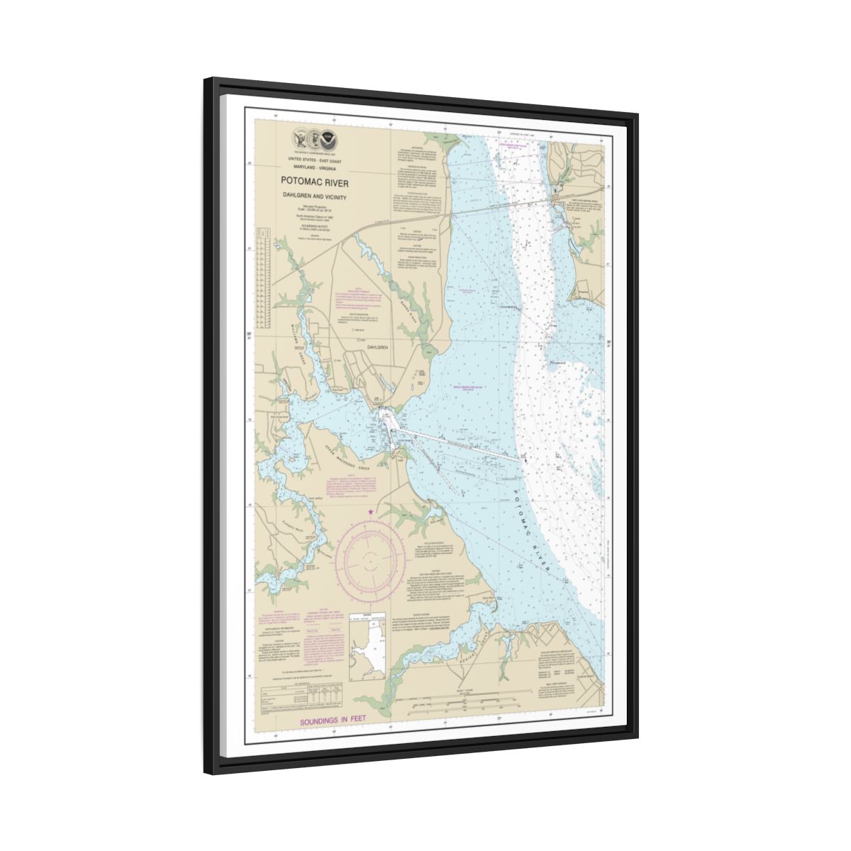 Chart 12287 Potomac River Dahlgren and Vicinity - NOAA Nautical Chart Floating Frame Canvas | 24" x 32" | 30" x 40" - Black side