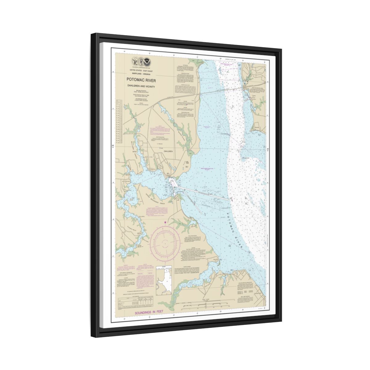 Chart 12287 Potomac River Dahlgren and Vicinity - NOAA Nautical Chart Floating Frame Canvas | 24" x 32" | 30" x 40" - Black side