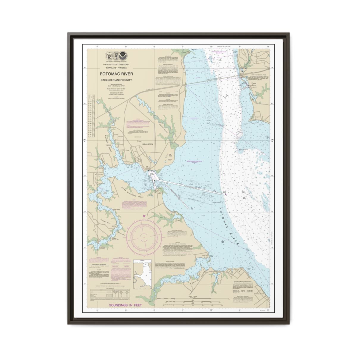 Chart 12287 Potomac River Dahlgren and Vicinity - NOAA Nautical Chart Floating Frame Canvas | 24" x 32" | 30" x 40" - Espresso front