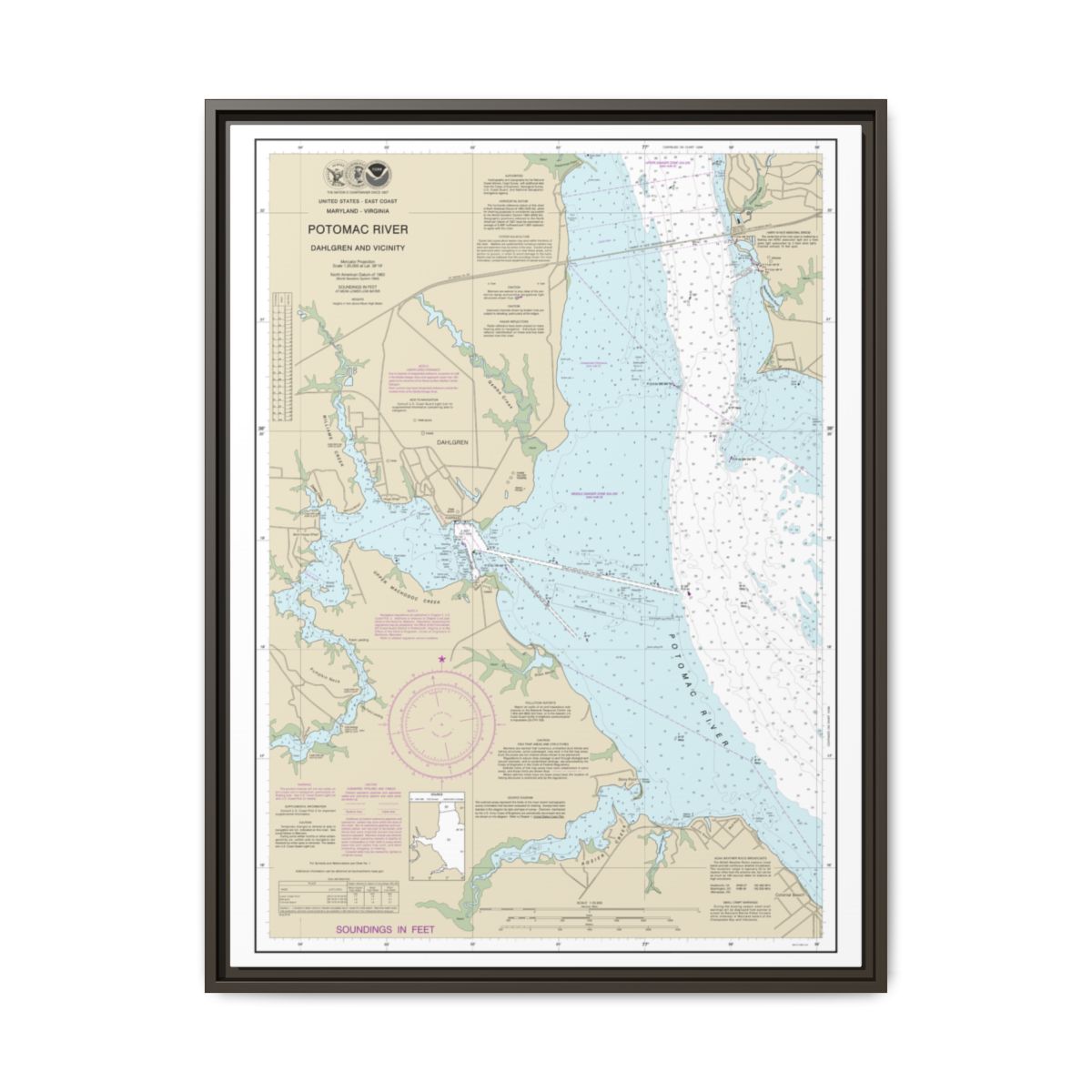 Chart 12287 Potomac River Dahlgren and Vicinity - NOAA Nautical Chart Floating Frame Canvas | 24" x 32" | 30" x 40" - Espresso front