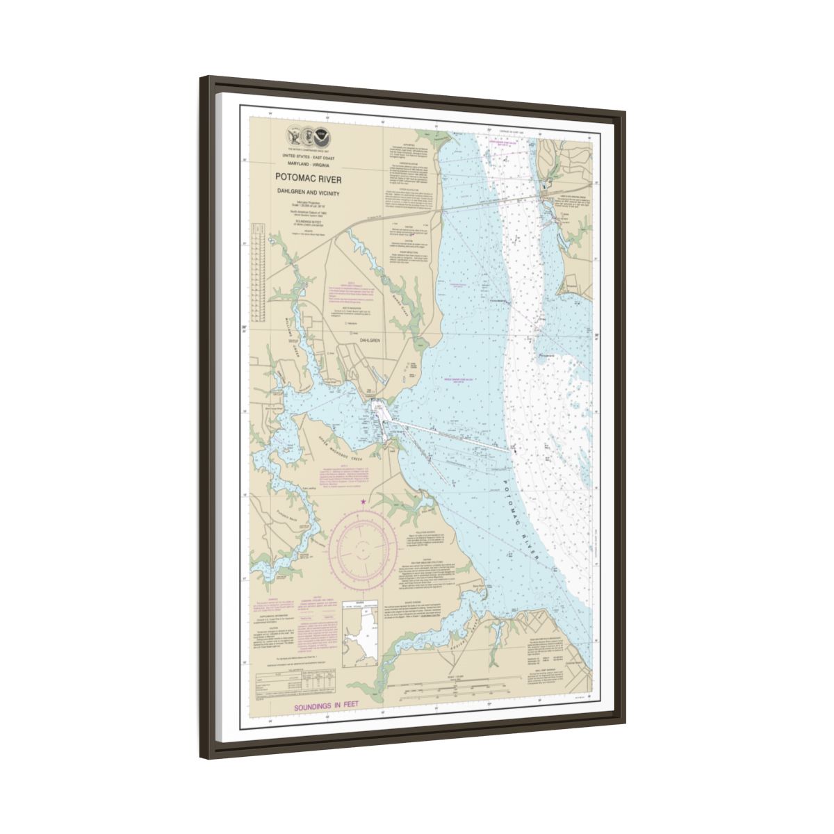 Chart 12287 Potomac River Dahlgren and Vicinity - NOAA Nautical Chart Floating Frame Canvas | 24" x 32" | 30" x 40" - Espresso side