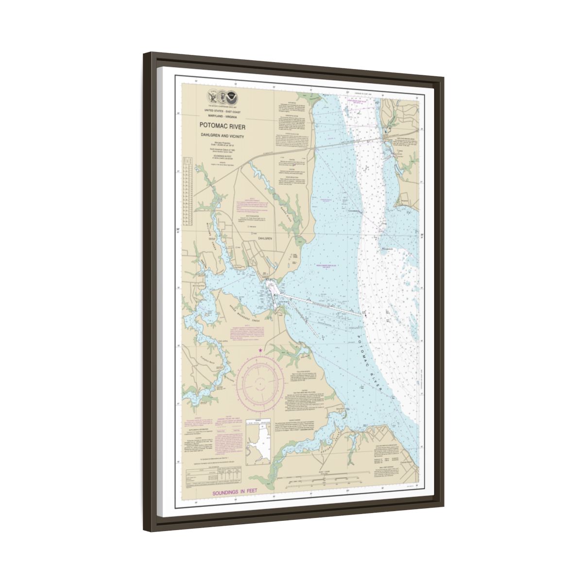 Chart 12287 Potomac River Dahlgren and Vicinity - NOAA Nautical Chart Floating Frame Canvas | 24" x 32" | 30" x 40" - Espresso side