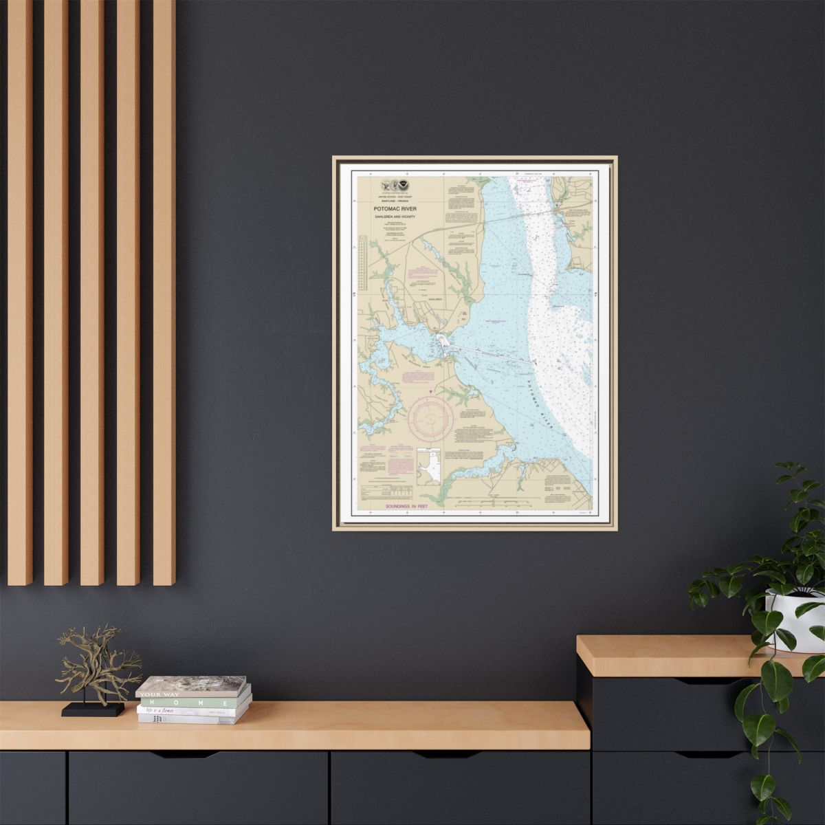 Chart 12287 Potomac River Dahlgren and Vicinity - NOAA Nautical Chart Floating Frame Canvas | 24" x 32" | 30" x 40" - Natural context-2